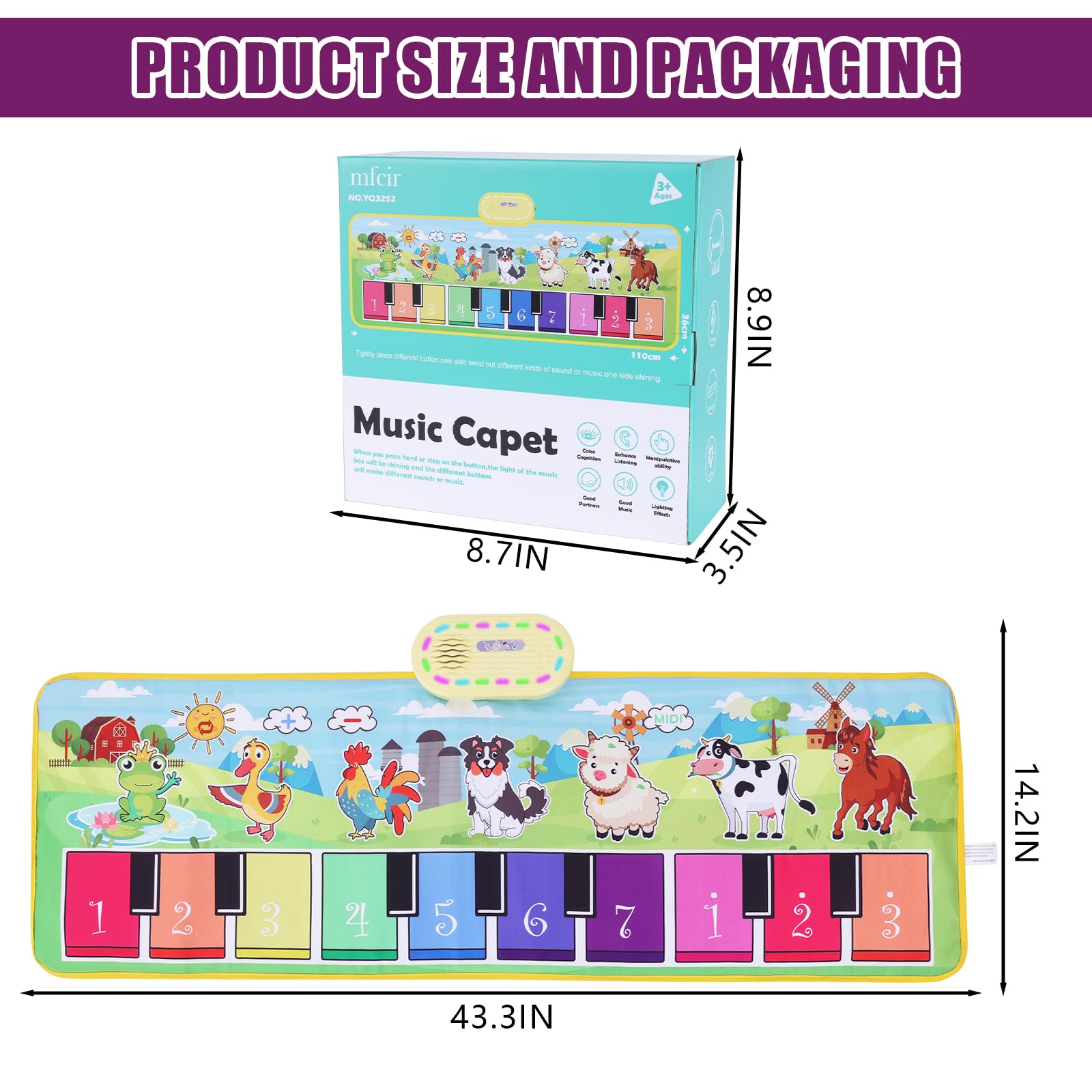 Tapete de juego de piano de animales de granja para niños, tapete de juego musical 2 en 1 para bebé, teclado de aprendizaje educativo, manta de juego táctil, divertida Navidad, regalo de cumpleaños 8