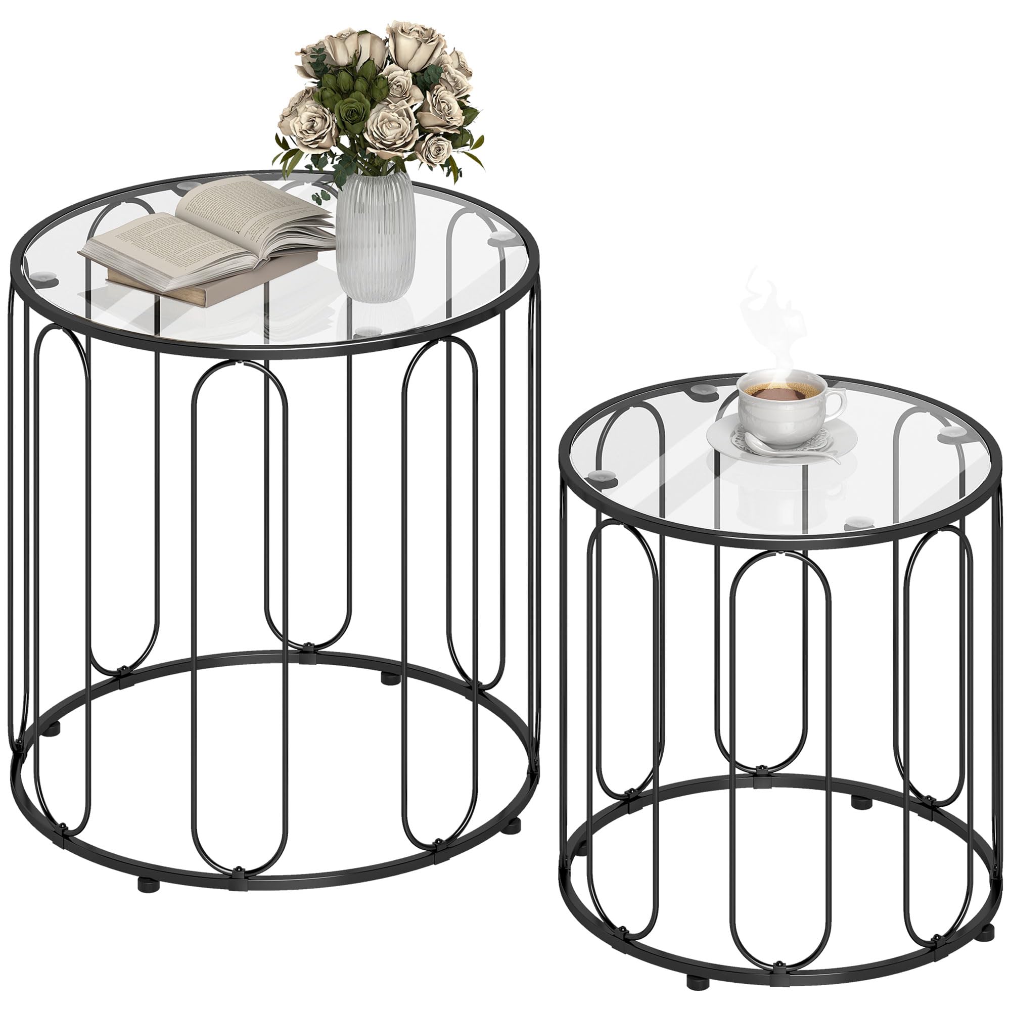 Homcom Black Coffee Table Set Of 2, Nest Of Tables With Metal Frame,