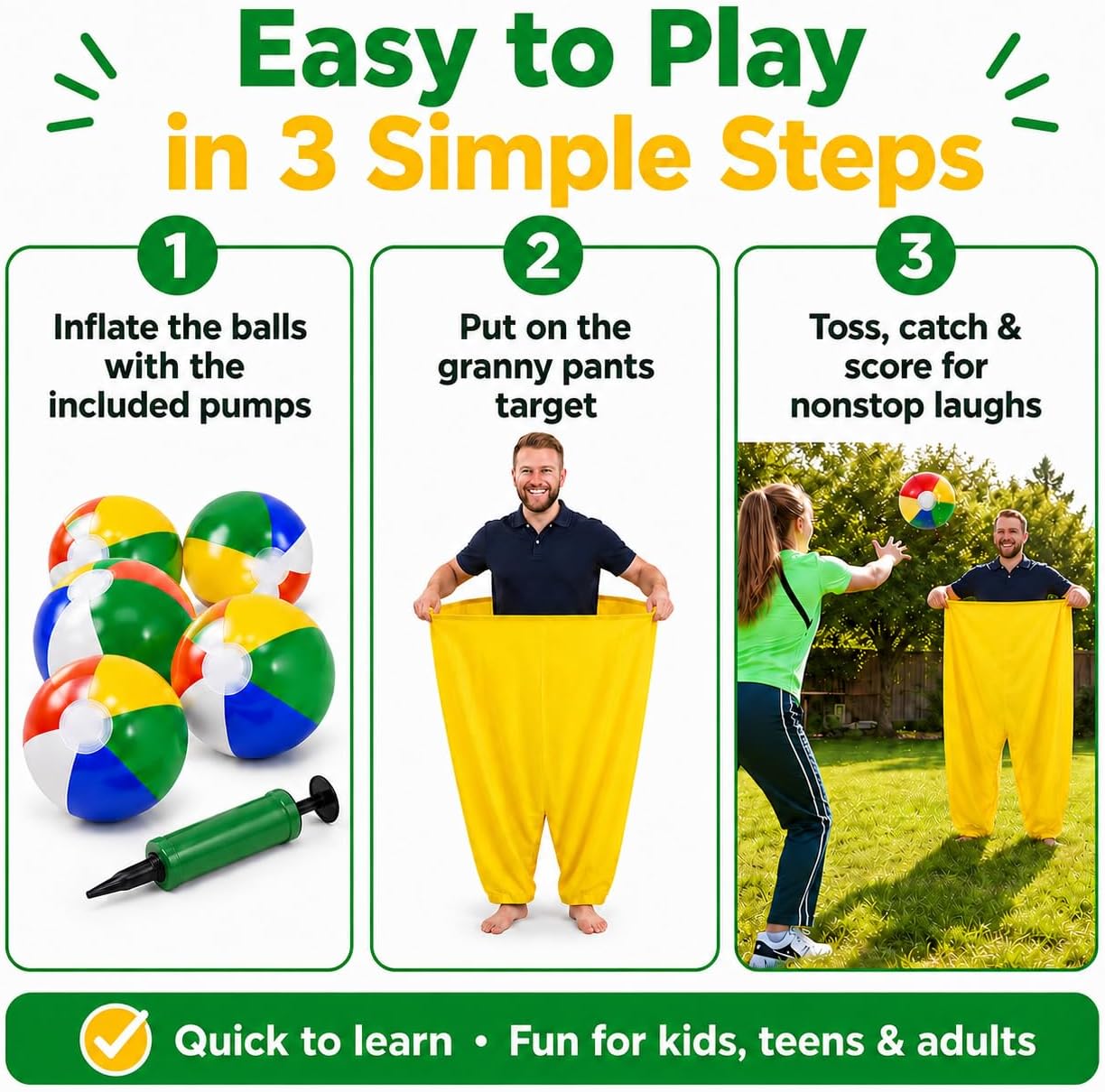 Ideal Swan Granny Pants Yard Game, Outdoor Toss Game Set with 8 Bouncy Ball | Two wearable pants, eight balls and two pumps turn reunions, birthdays and backyard gatherings into team challenge for play