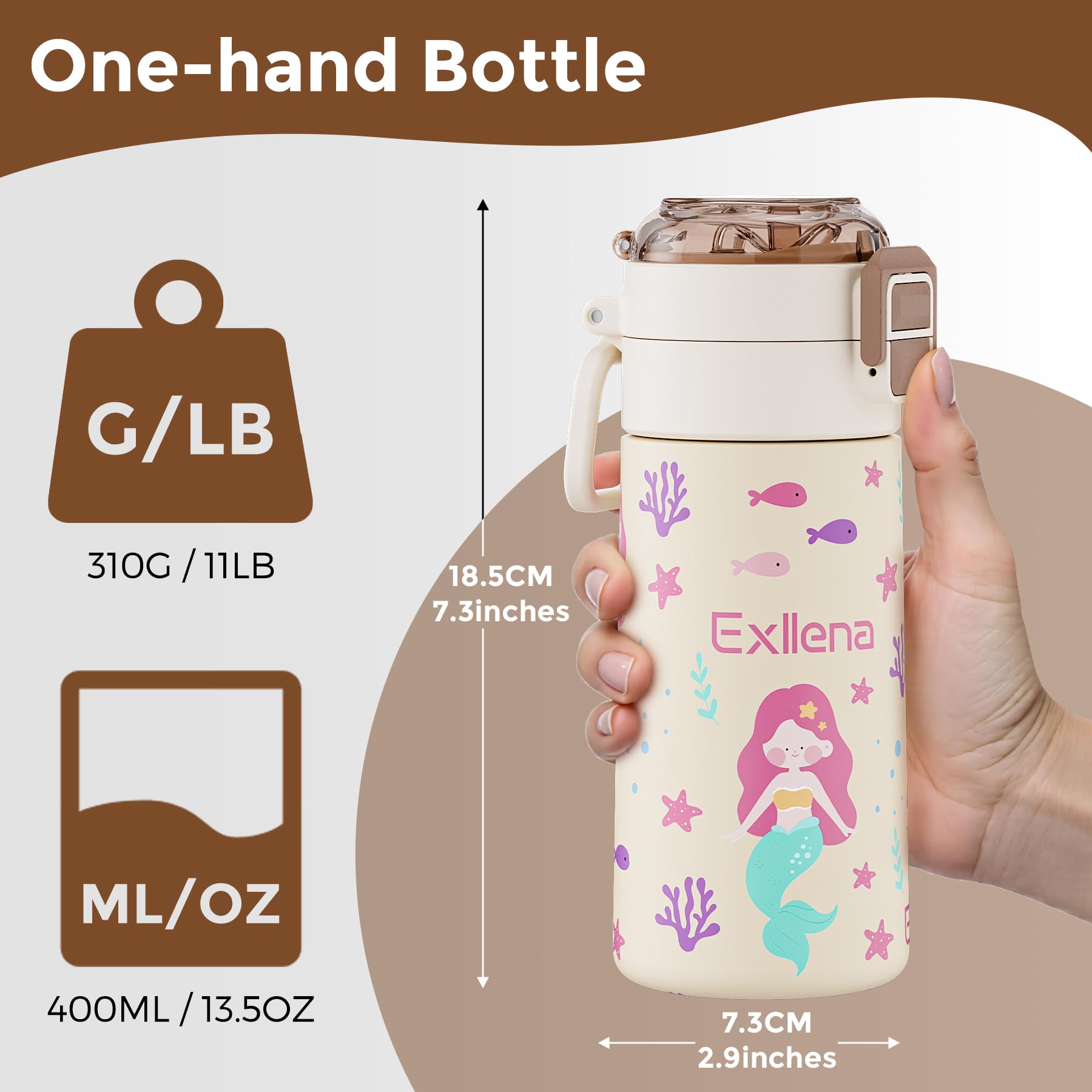 Exllena 400ml Stainless Steel Water Bottle Kids with Pop-Open Soft Straw & Spout 2-in-1 Lid - Image 2