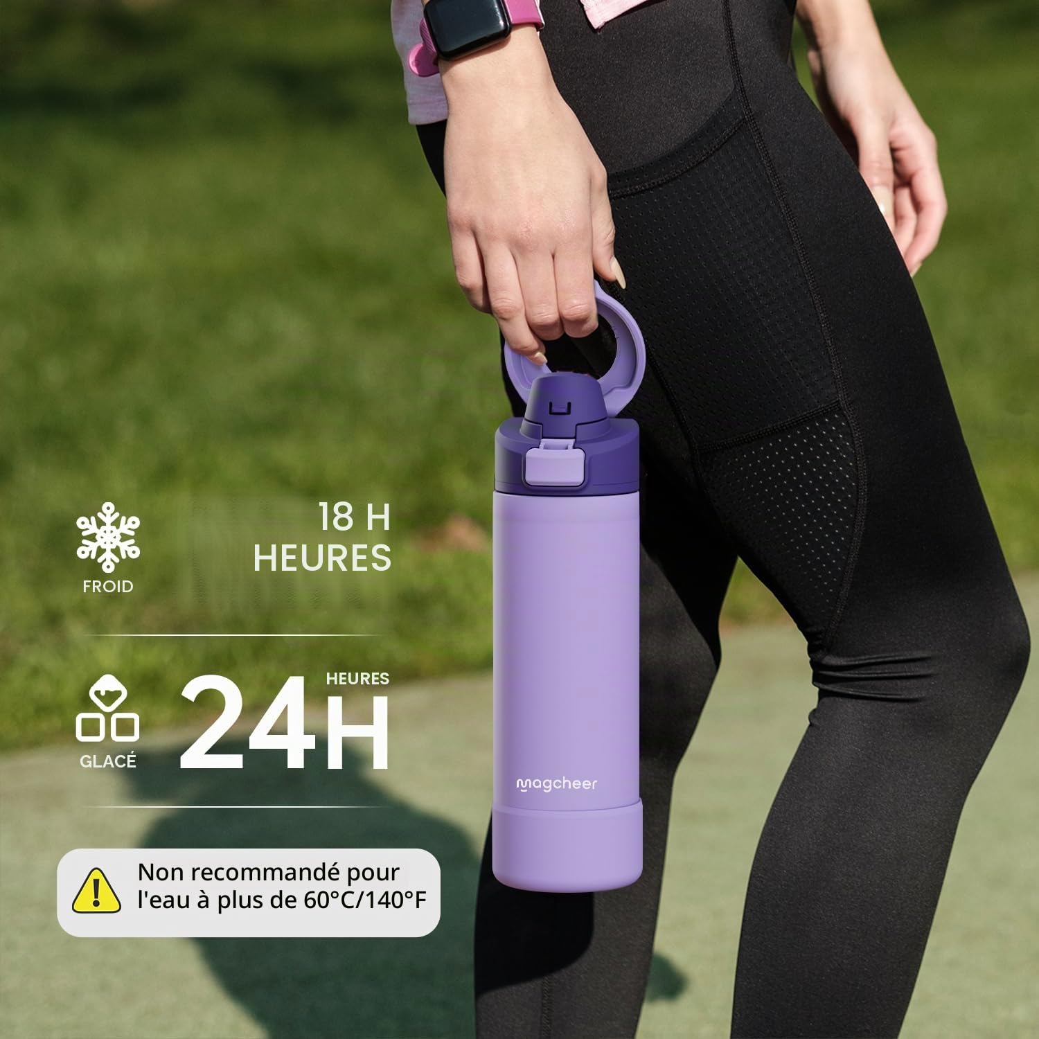Magcheer Gourde Magnétique avec Support pour Téléphone Compatible MagSafe | Trépied Gourde à Angle Réglable | Bouteille Isotherme pour Voyages Fitness Selfies 1L(Violet)