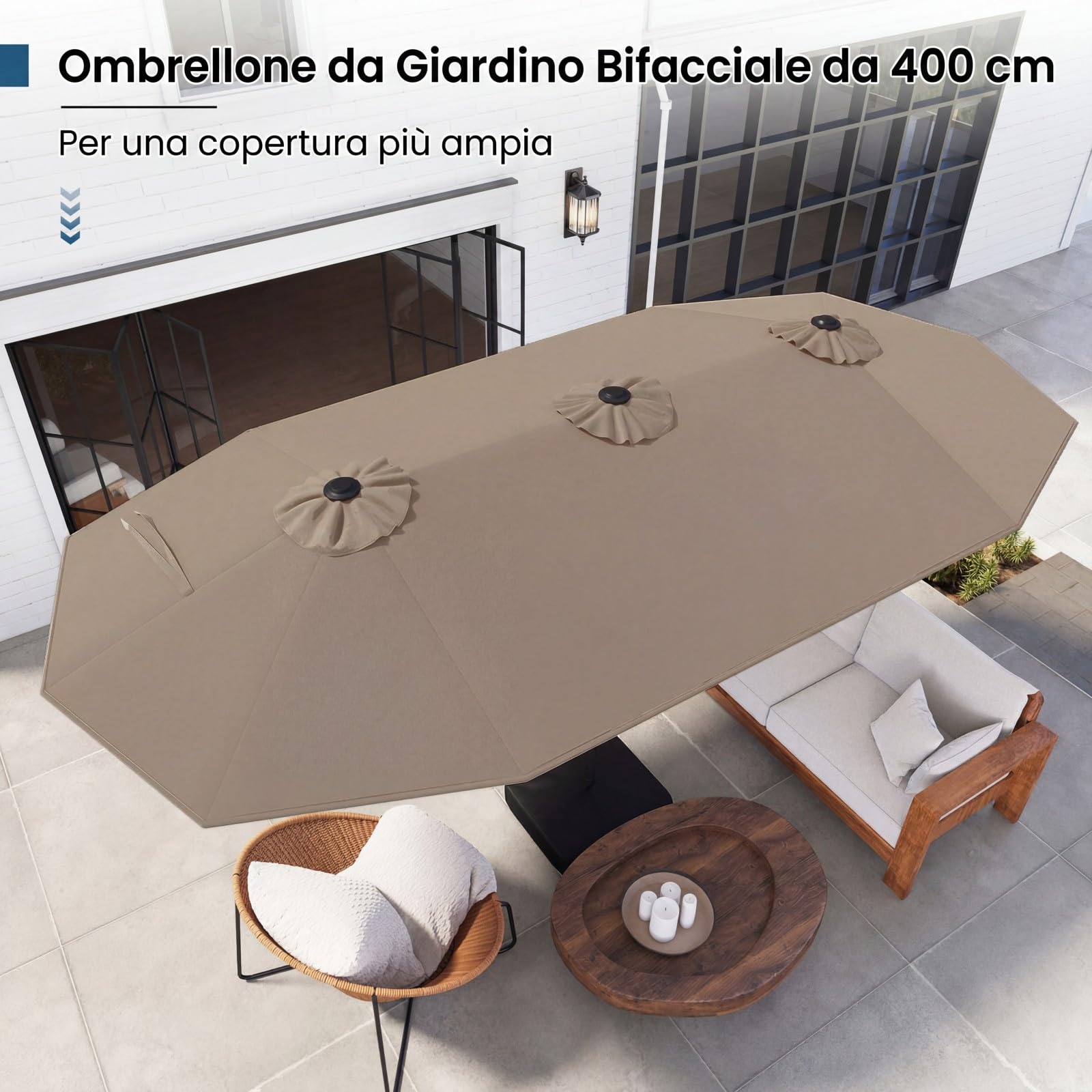 COSTWAY Ombrellone da Giardino Doppio 400 x 200 cm, con 36 Luci LED Solari, Manovella 12 Stecche, Base, Anti-UV, Rettangolare, per Giardino Piscina Cortile (Caffè)