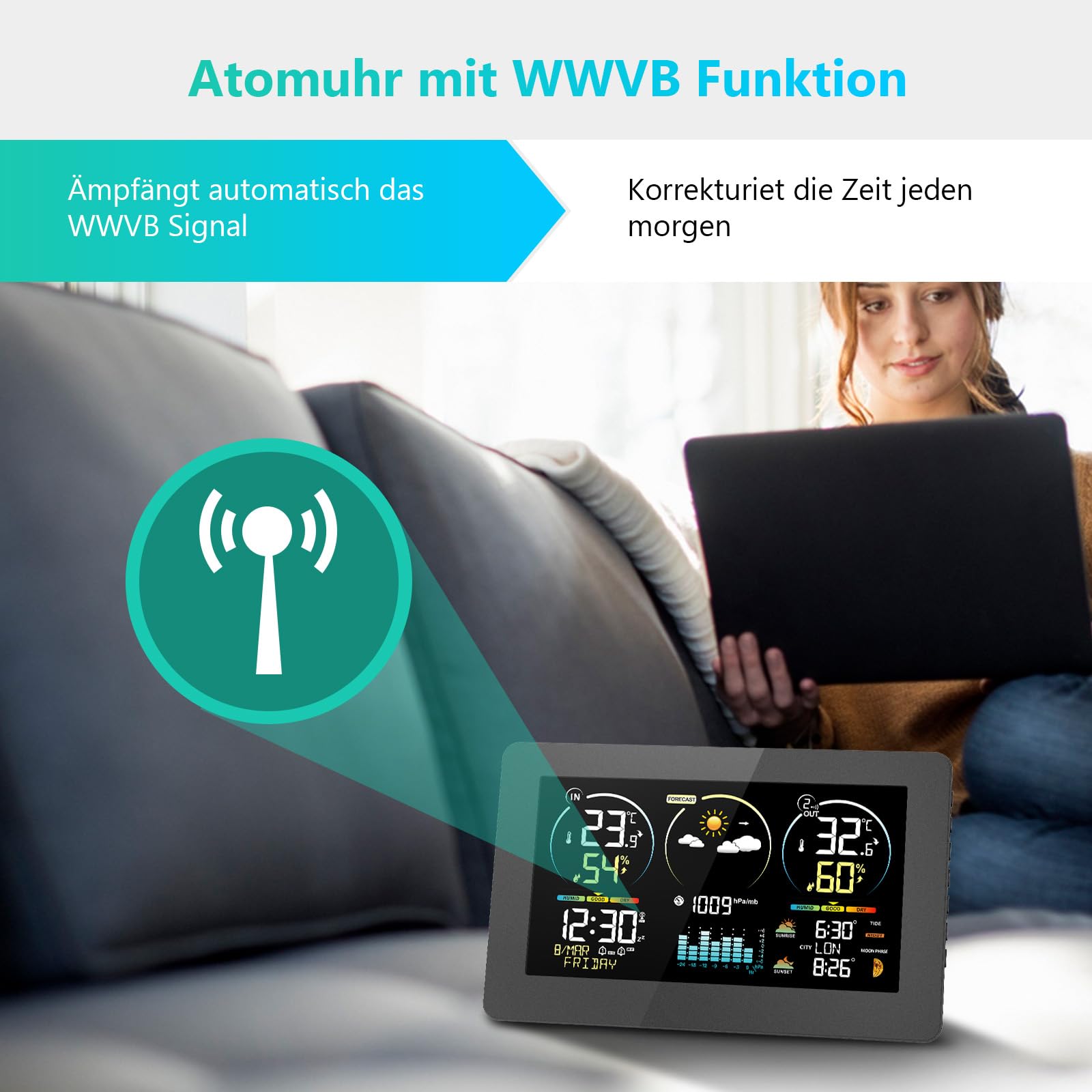 Wetterstation Funk mit Außensensor, 7,8 Zoll Großes Farbdisplay mit Beleuchtung & DCF Funkuhr, Wettervorhersage, Innen- & Außentemperatur, Luftfeuchtigkeit, Luftdruck, Mondphase (Schwarz1)