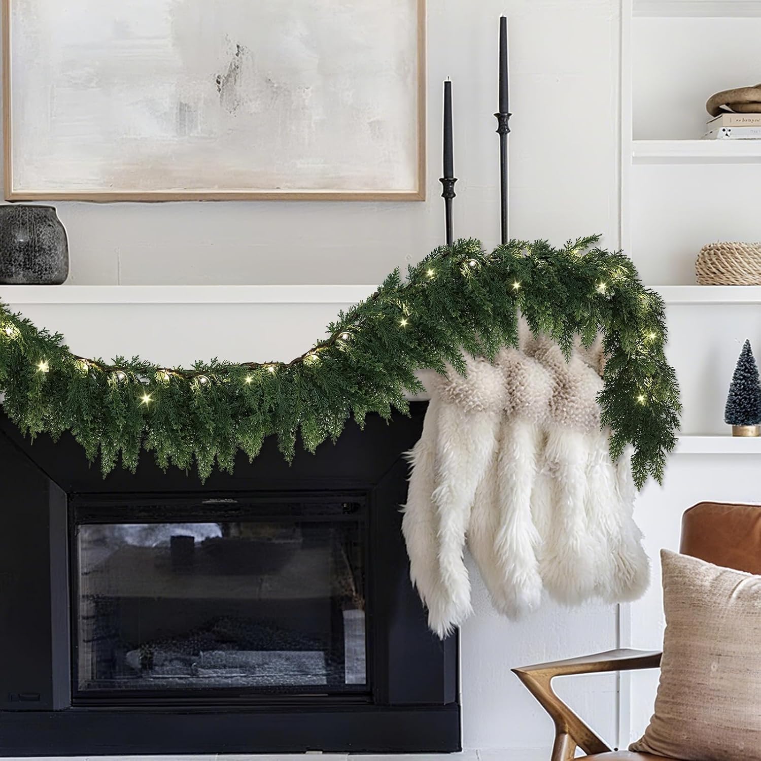 Pre-Lit Thickened Upgraded Realistic Artificial Cedar Garland - Thick Lush Full Faux Greenery Christmas Garland with Lights for Fireplace Mantle, Indoor Outdoor Holiday Home Party Decorations