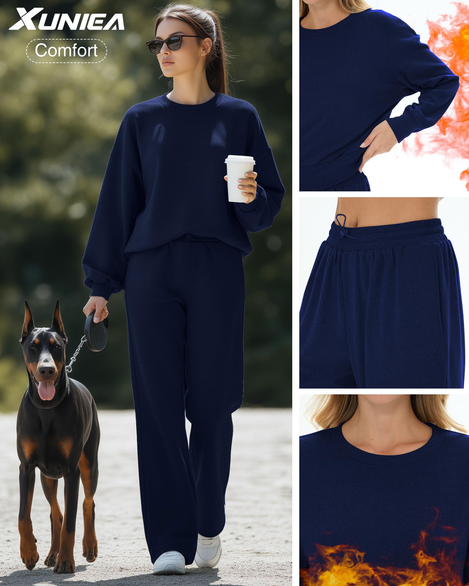 Xuniea Completo da Donna Composto da 2 Pezzi: Tuta da Casa Foderata in Pile, Maglia Girocollo, Pantaloni a Gamba Larga