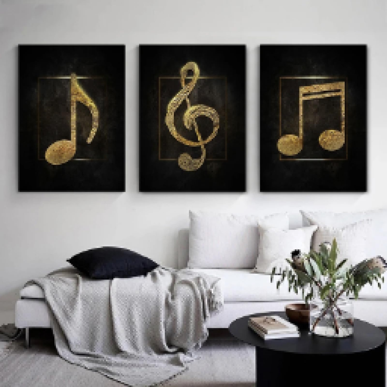 KEMEIQI Simbolo musicale nero dorato Poster musicale Tela dipinto e stampe Arte murale Nordic HD Immagine soggiorno Decorazione murale 80x120cmx3 senza cornice