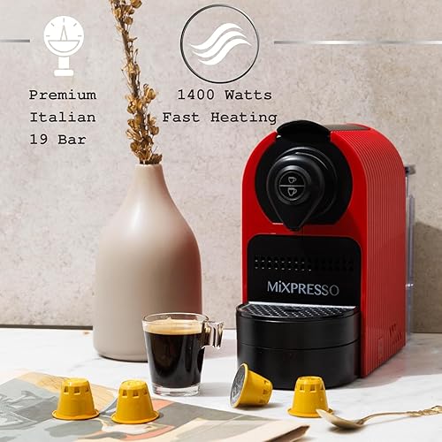 Miniatura 4 de Mixpresso Máquina de café espresso rojo  Cafetera compacta de 1400 W de una sola porción compatible con cápsulas Nespresso OriginalLine, operación