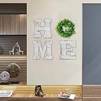Vista 4 de Letrero de madera para el hogar con corona, letras de madera rústica de 9.8 pulgadas, H, M, E, decoración para colgar en la pared con corona Blanco
