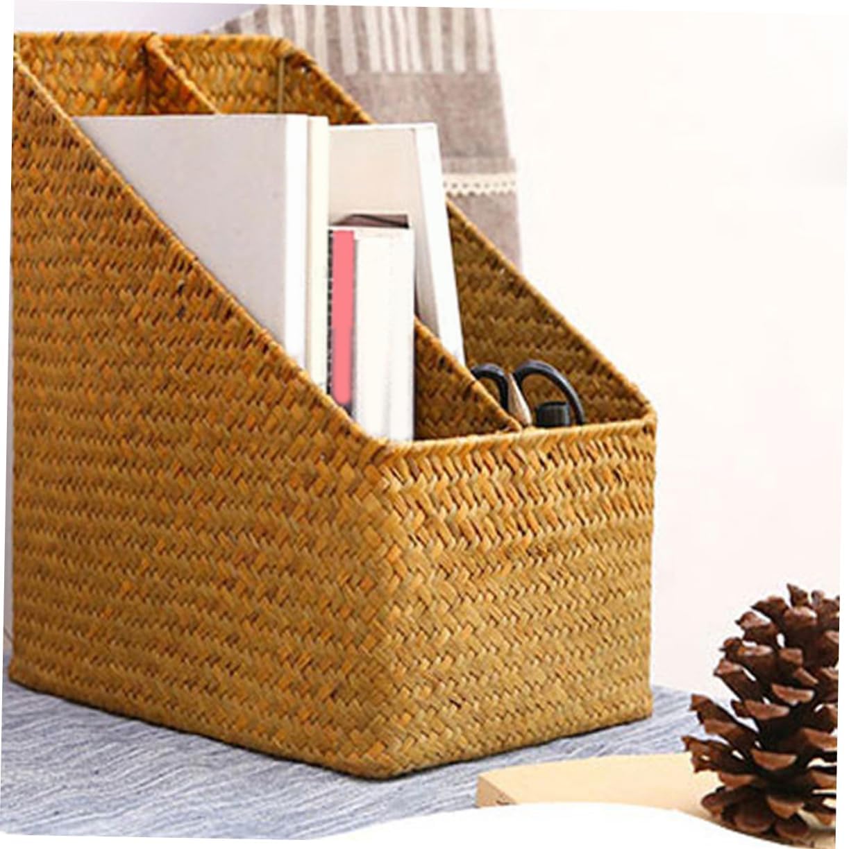 Mikinona Vertical File Folder Storage Organizer Woven Basket for Office Easy to Use Reusable Desk and Study Storage