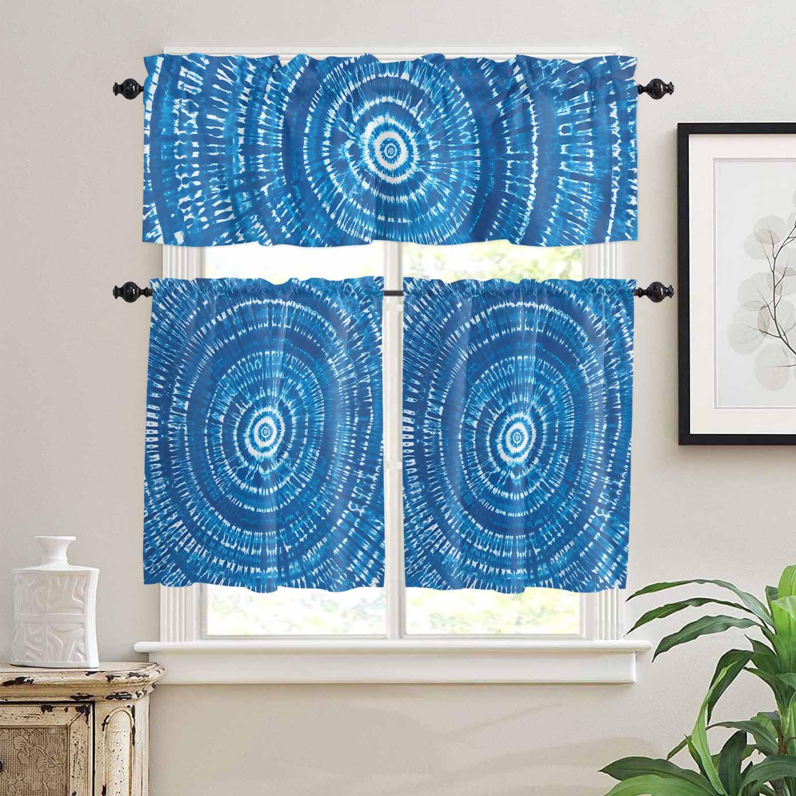 Blue Boho Geometric Kitchen Curtains 24 Inch Length, 3 Piece Rod Pocket Small Half Tiers and Valance Set, Ombre Abstract Tie Dye Aesthetic Small Large Window Treatment Decor for Bedroom/Bathroom Sink