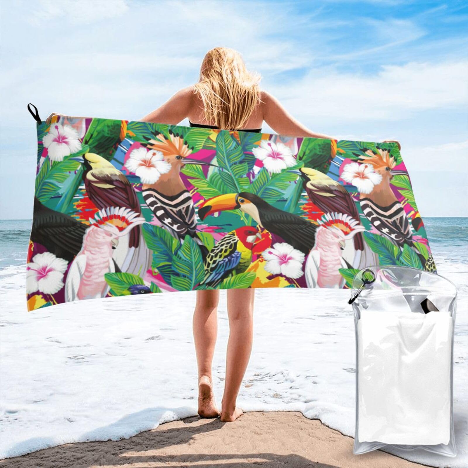 Serviettes de bain ultra absorbantes séchage rapide motif oiseaux tropicaux