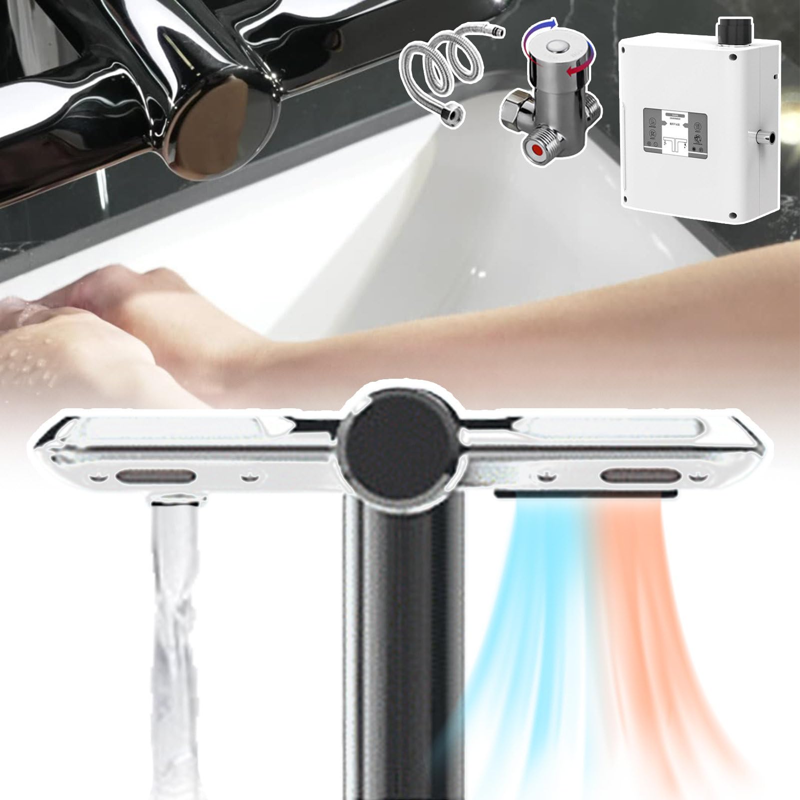 Amazon | ハンドドライヤー付き感知蛇口 - 2 In 1 非接触洗浄蛇口、左