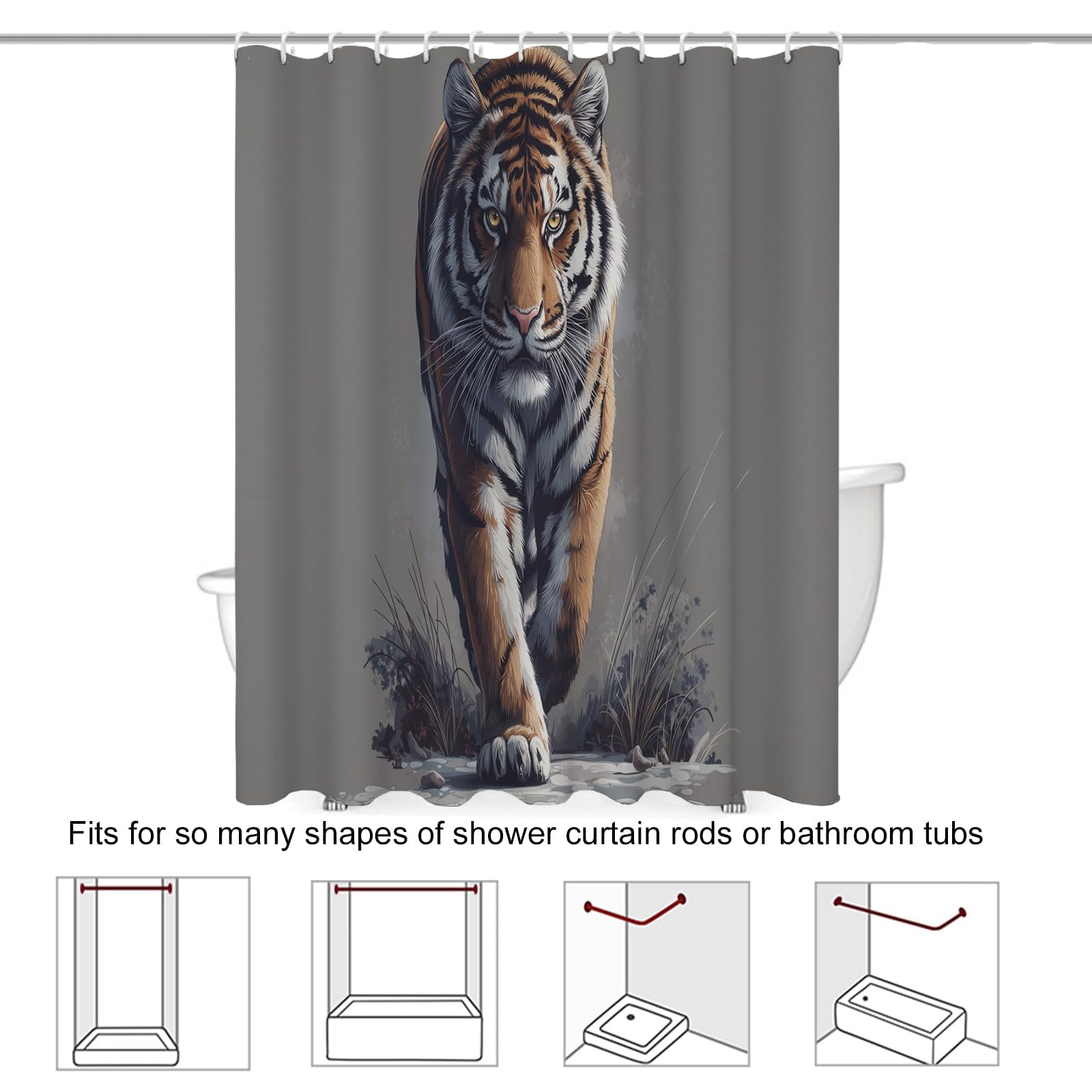 Rideau Douche,Rideau Baignoire Lavable en Machine Rideaux Douche Tissus Lavable Rideau De Baignoire Lavable pour Salle De Bain Domicile Baignoire Famille,Puissant Tigre De Sibérie,