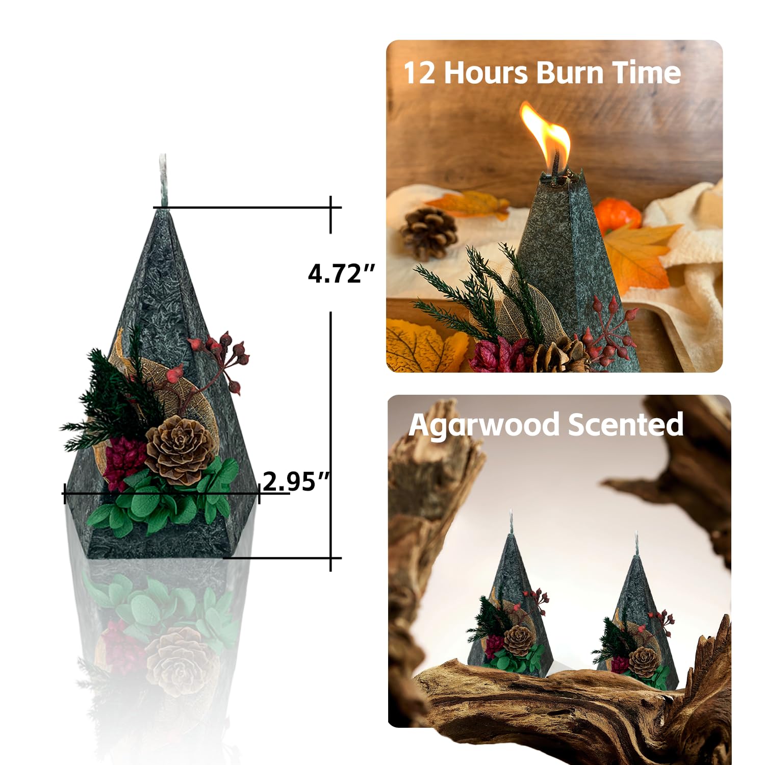 Kissingfish Christmas Candles Set of 2, Dark Green Pillar Candles Scented with Christmas Pine Cones Ornament Decor, Pyramid Shaped Unique & Cute Candle Set, Size H 4.72