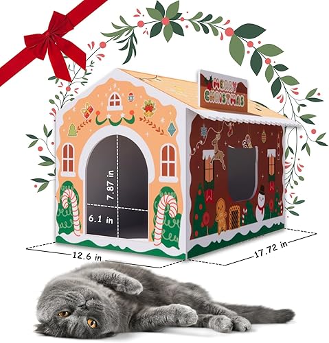 Miniatura 6 de LEMEMOGO Casa de cartón para gatos con almohadilla para rascar, camas para gatos de interior, juguete de almohadilla de rascar para gatos,