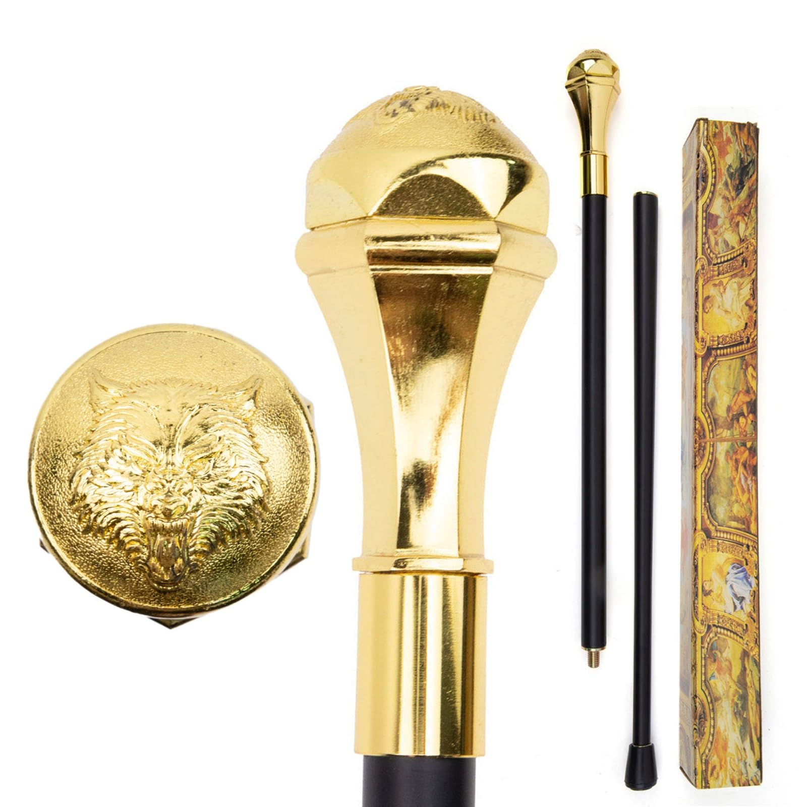 Bastón Vintage con Totem de Lobo Dorado para Hombres y Mujeres Estilo Caballero Antiguo Decorativo Moda, Regalo Colección
