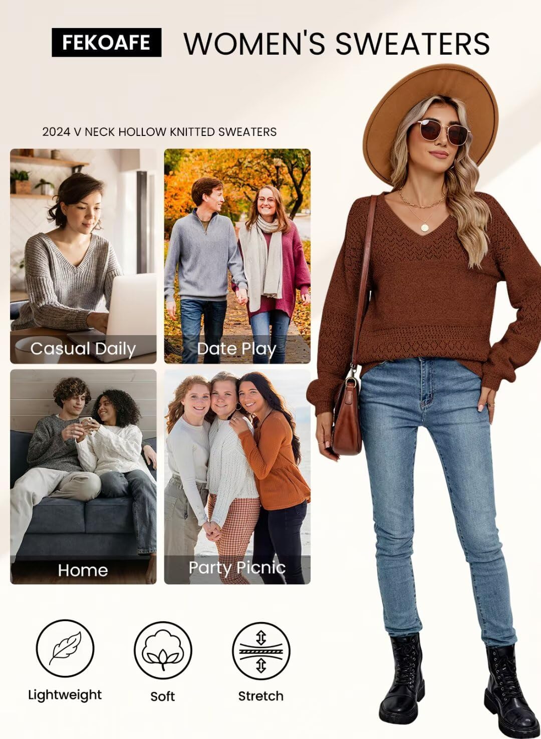 FEKOAFE Womens Sweaters 2026 Fall V Neck Long Sleeve Hollow Knit Pullover Sweaters for Women - Image 6