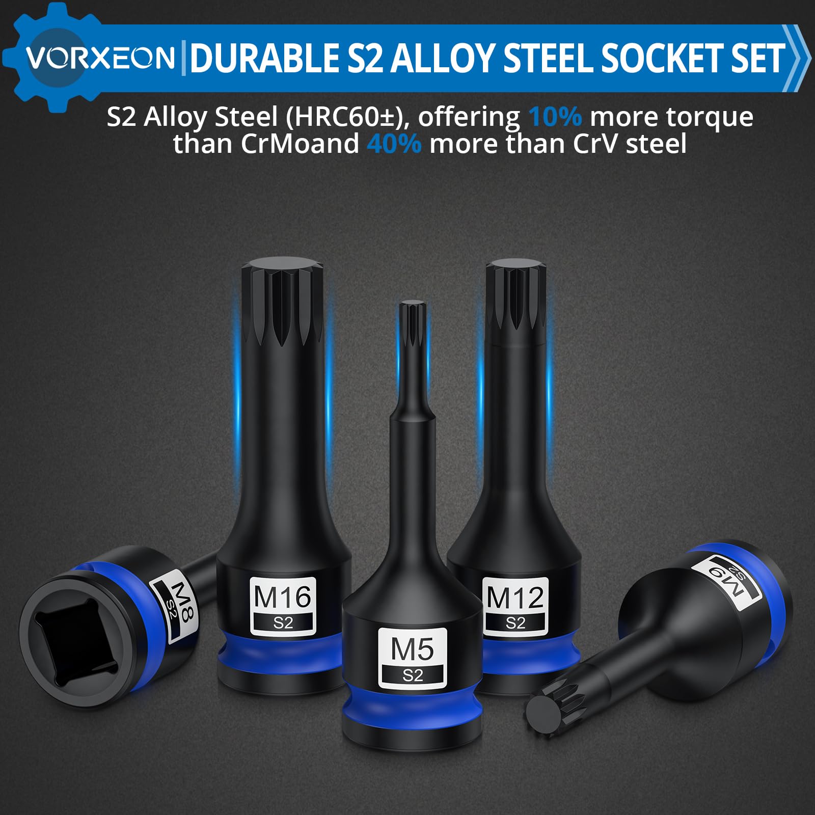 VORXEON 8pc 1/2in Drive Impact Spline Bit Socket Set en S2 Steel Drive Impact Triple Square Spline Bit Socket Set M5 M6 M7 M8 M9 M10 M12 M14 M16 M18 with Storage Case for Electric Pneumatic Wrenches - Image 2