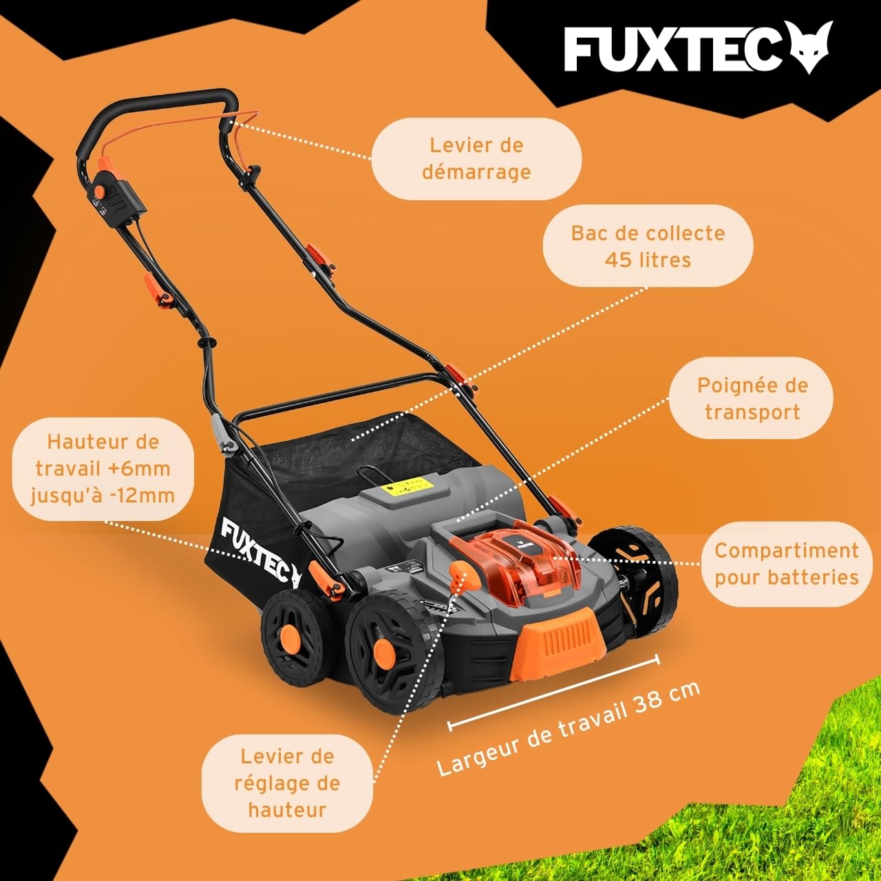 FUXTEC Aérateur à batterie 40 V FX-E2VE38SET - 2 en 1 Aérateur et Scarificateur, Largeur 38 cm, Panier 45 L, 2 piles incluses