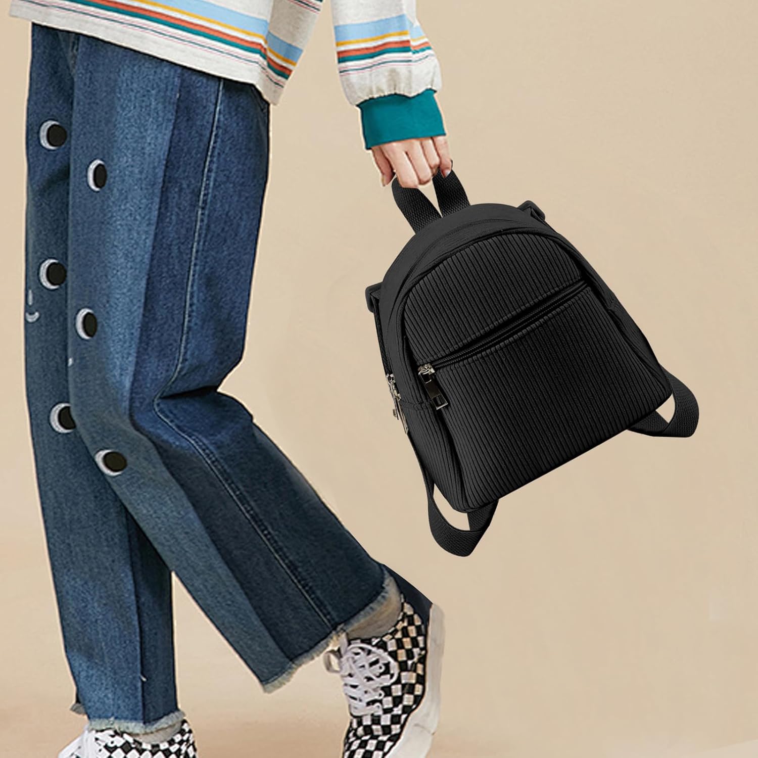 Corduroy Small Backpack, Stylish Mini Backpack Purse Small Backpacks for Women, Cute Backpack for Travel, Shopping (black) - Image 6