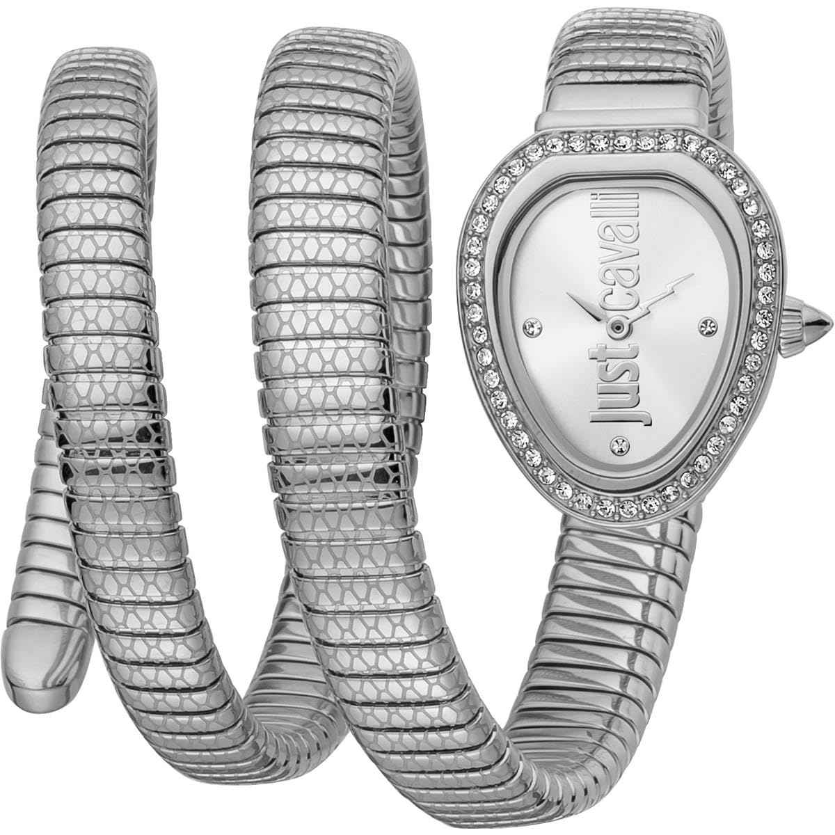 Just CavalliSnake Women Watch, Silver Color Case, Silver Dial, Stainless Steel Metal Bracelet, 2 Hands, 3 ATM - JC1L163M0015