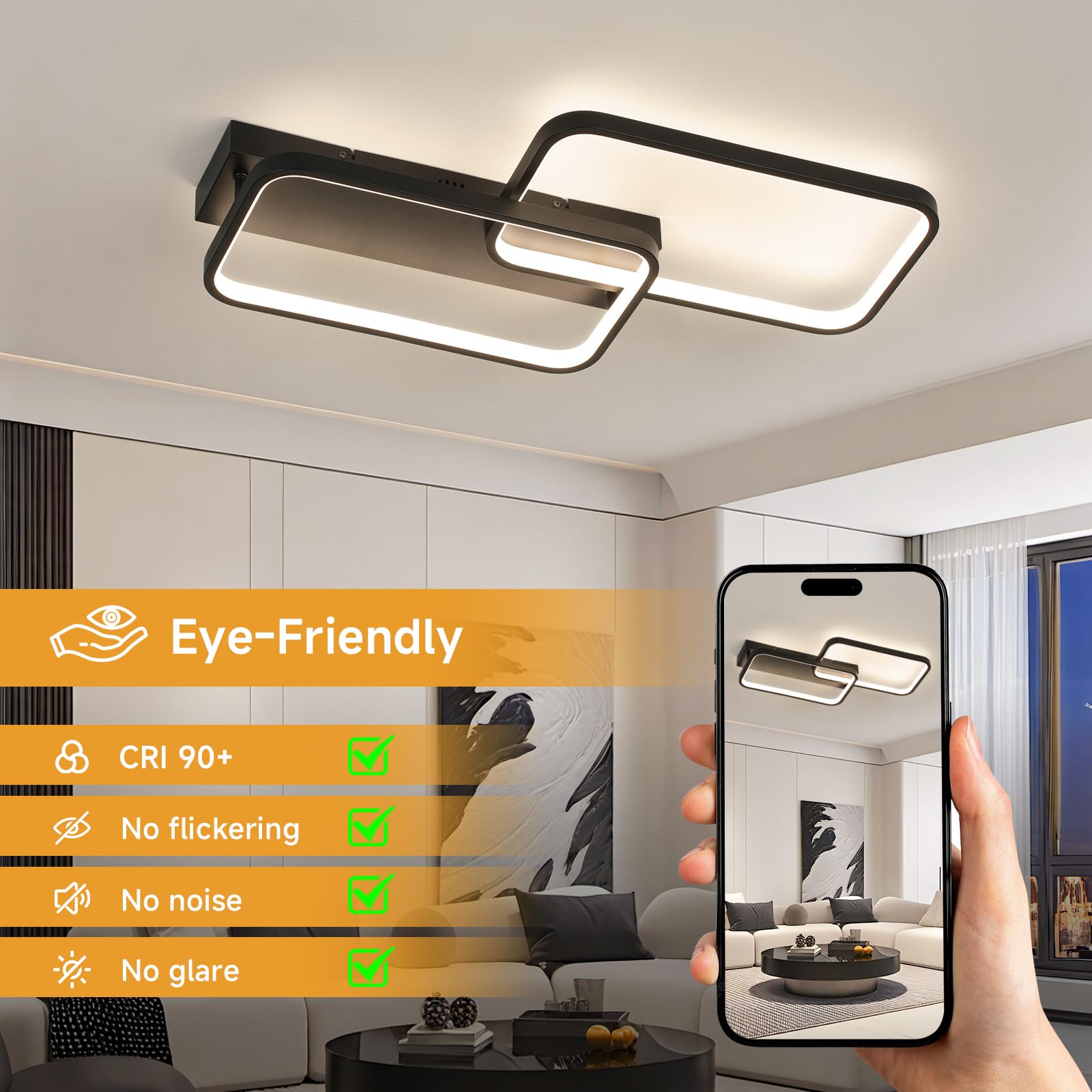 OTREN Lampa sufitowa LED 40 W, 4000 lm, regulowana za pomocą pilota 3000 K, 6500 K, pamięć i blokada, lampka nocna i timer do salonu, sypialni, kuchni, 61 cm, czarna
