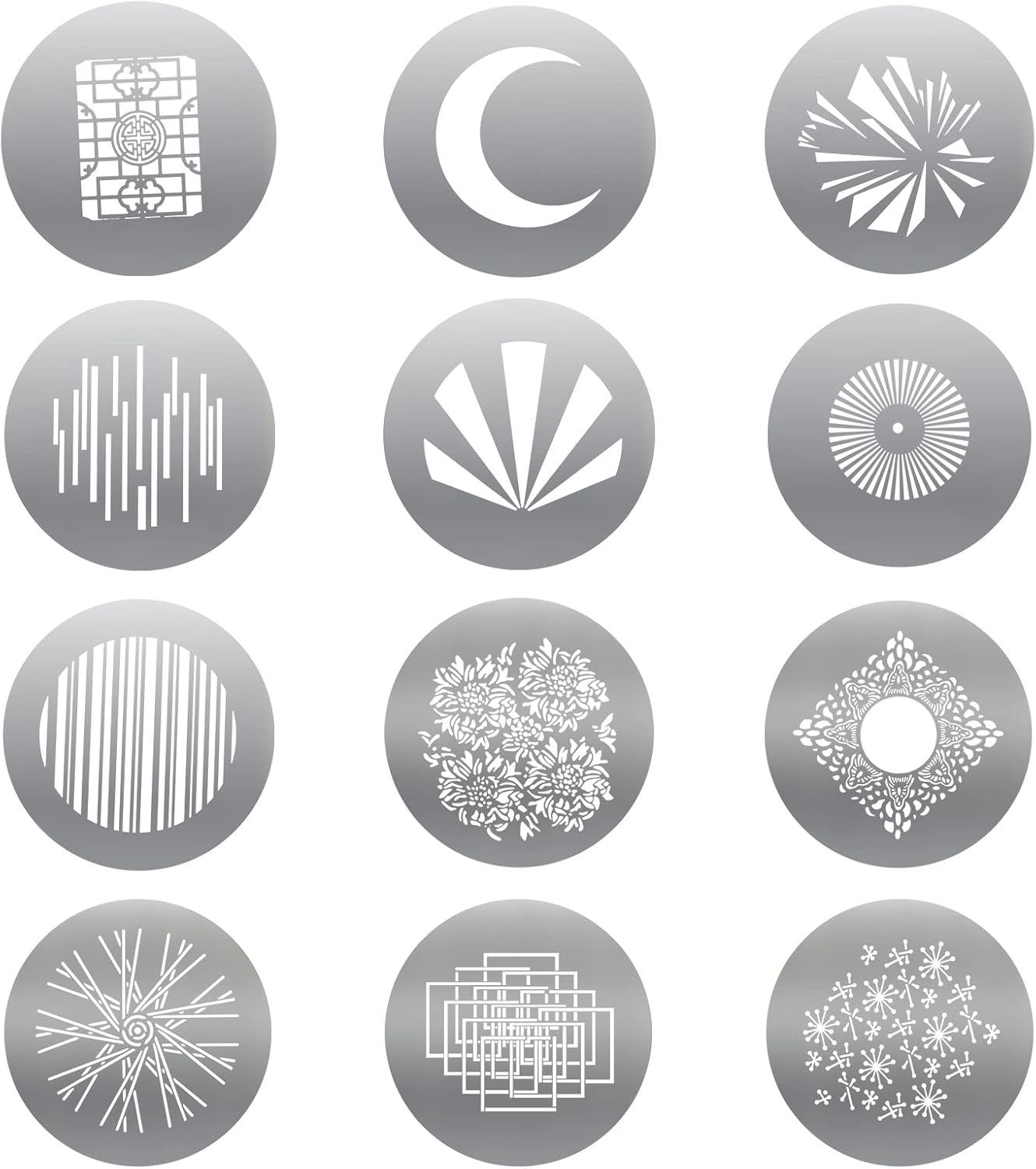 Soonpho 12-Pack Round GOBO Kit, 66mm Metal Plate with Different Patterns Works with Spotlight Attachment and Soonpho OT1 Pro II III Optical Snoot to Create Different Lighting Effects