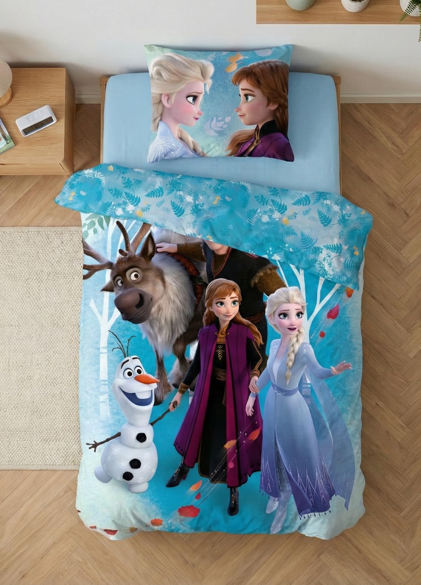 Reine des Neiges Housse de Couette 140x200 + Taie 65x65 100% Coton Disney | Parure de lit réversible 1 personne | Coton naturel respirant Oeko-Tex | Elsa Anna Olaf | Fille 3-10 | Cadeau | Idée cadeau