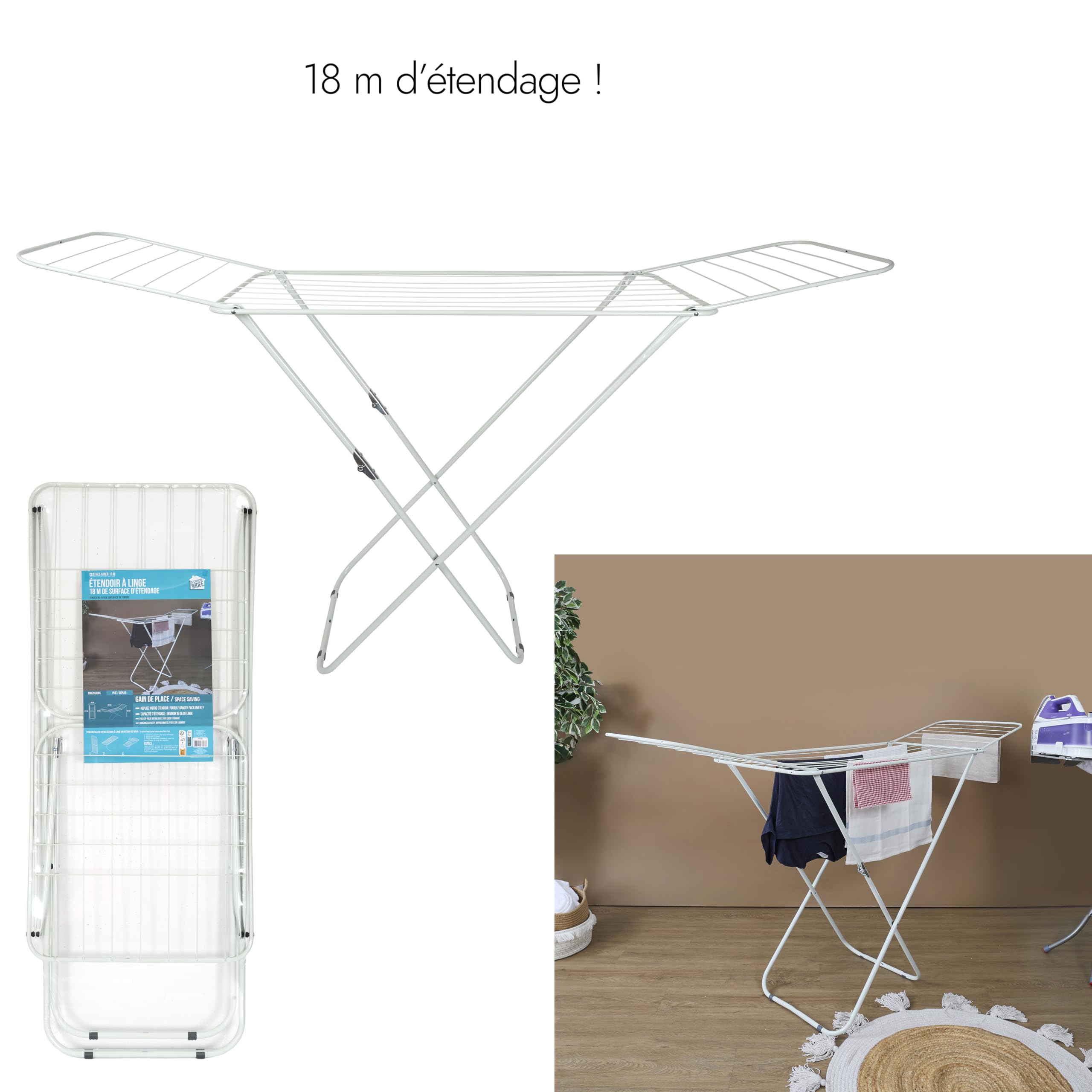 Étendoir à Linge Accordéon 18 m Pliable Blanc | Acier inoxydable, étendoir à linge accordéon, 18 mètres d'étendage, design compact et pliable, buanderie, blanc