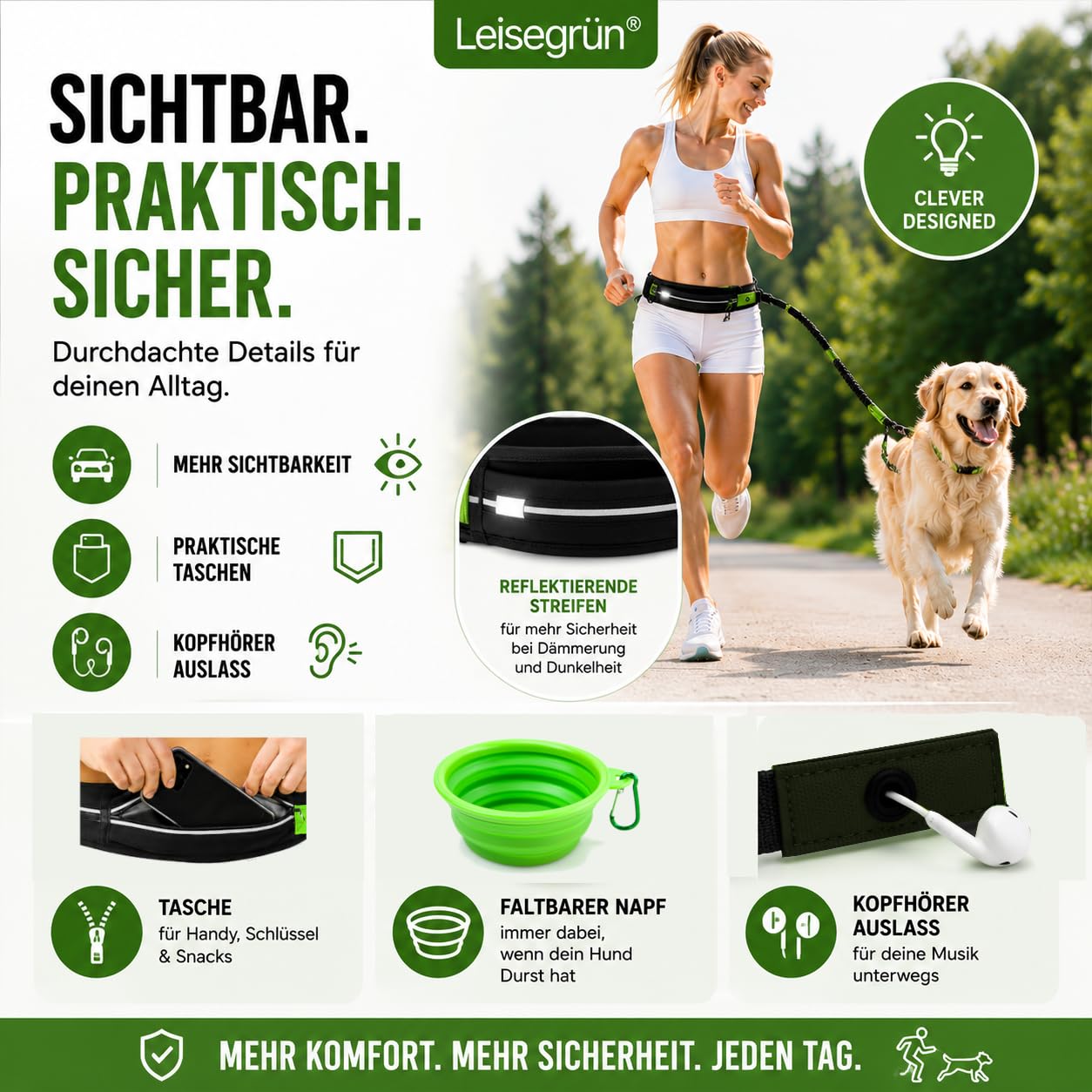 Leisegrün Joggingleine große Hunde bis 60 kg mit Bauchgurt & Bungeeleine | Freihand-Hundeleine, verstellbarer Bauchgurt, elastisch & ruckdämpfend, reflektierend – ideal zum Joggen, Wandern, Canicross