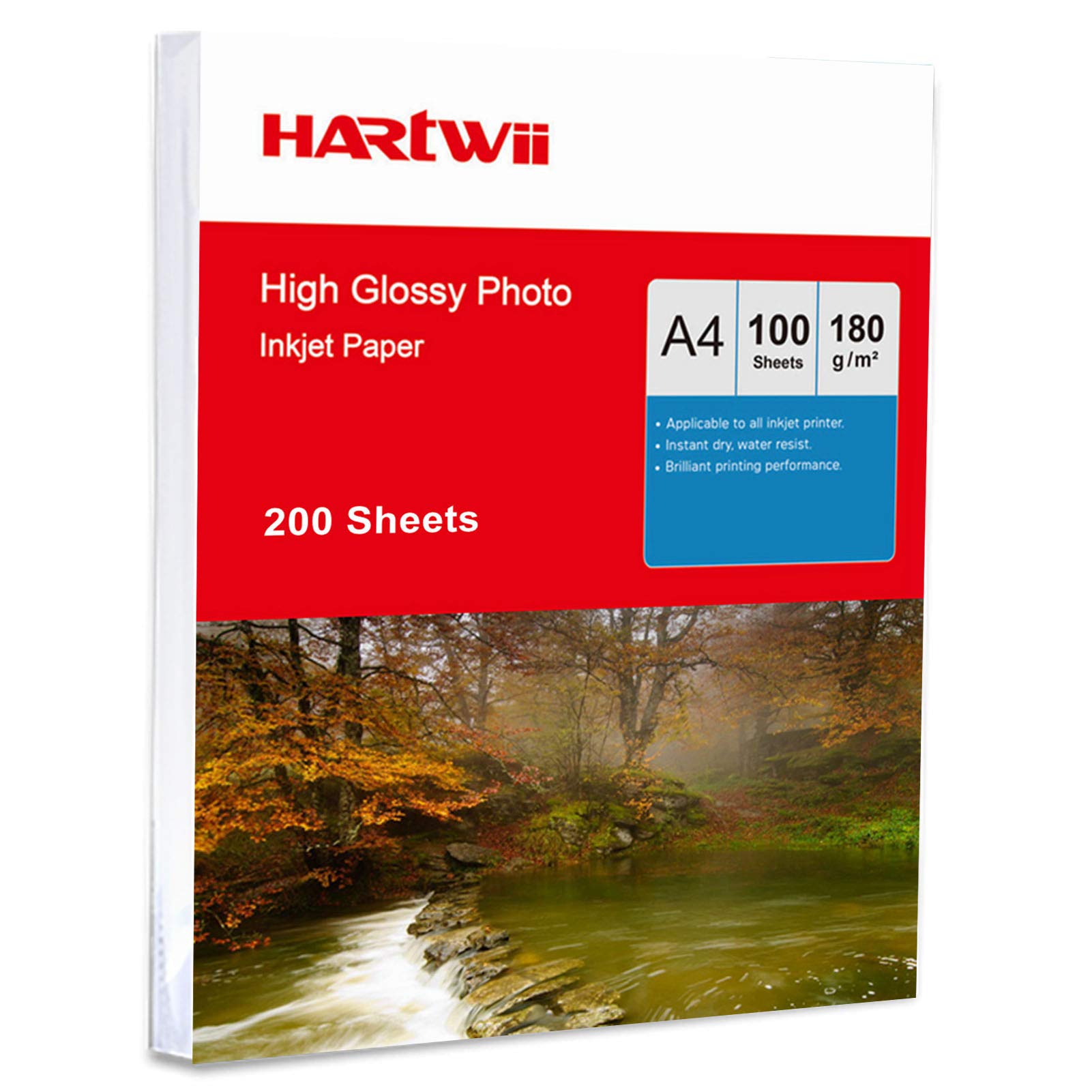 Hartwii 200 Sheets A4 High Glossy White Photo Paper Inkjet Printing Paper - 180Gsm x 200 Sheets