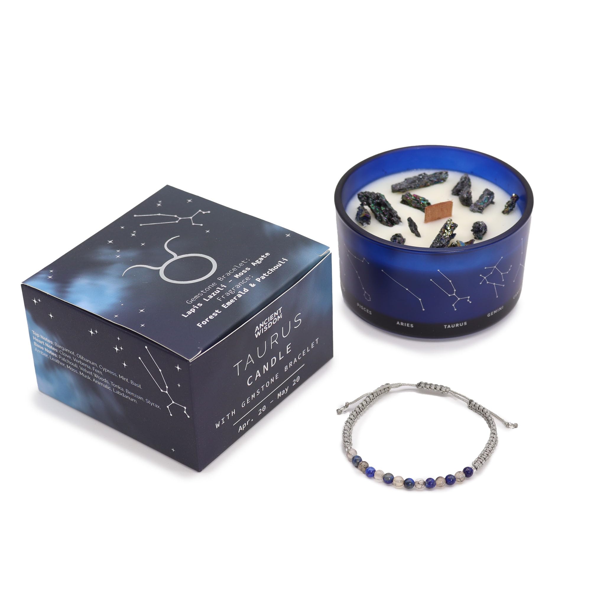 Zodiac Candle with Natural Stones and Semi-Precious Stones Bracelet in Gift Box – Scented Candles Aromatherapy – Original Gift to Connect with the Horoscope Sign (Taurus)