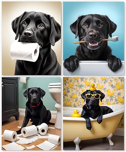 LUKIPOM Funny Black Labrador Retriever Bathroom Wall Art Prints 10x8 Set of 4, B