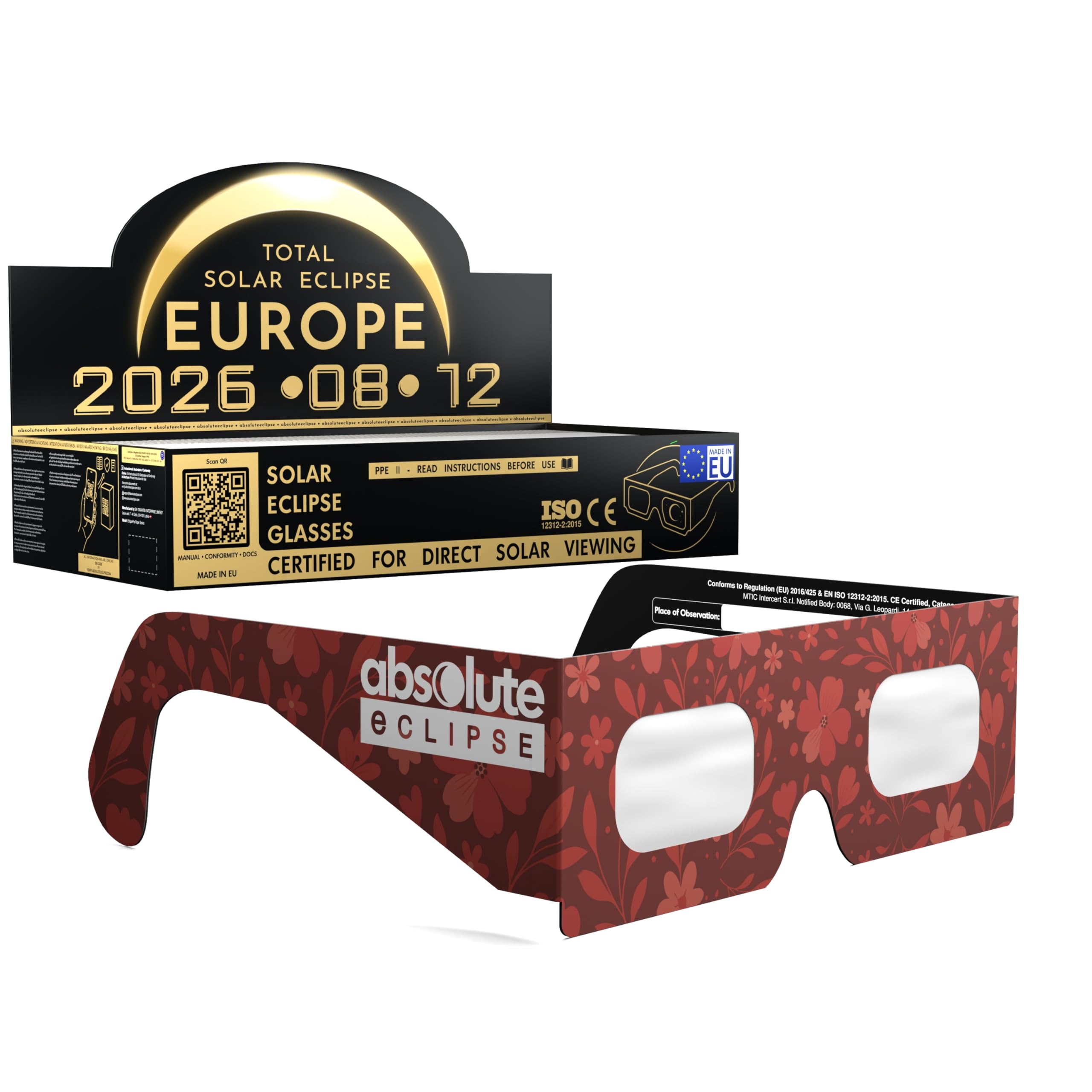 Solar Eclipse Glasses ISO 12312-2 CE Certified | Safe Solar Viewing Glasses UK | Paper Cardboard Frame | Total Solar Eclipse August 2026 | Made in EU | 100 Pack | Bloom โ image 1