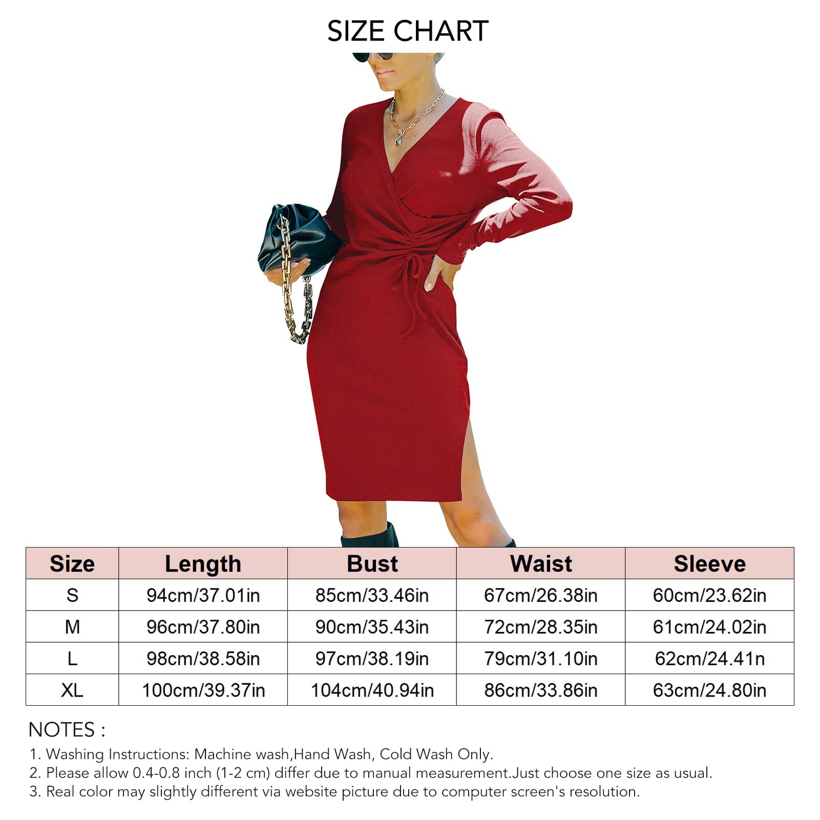 Ejoyous Robe Cache-cœur pour Femme Col en V Robe à Manches Longues Robe Tricotée Robe Pull Robe Tunique Mini Robe Ceinturée Plissée