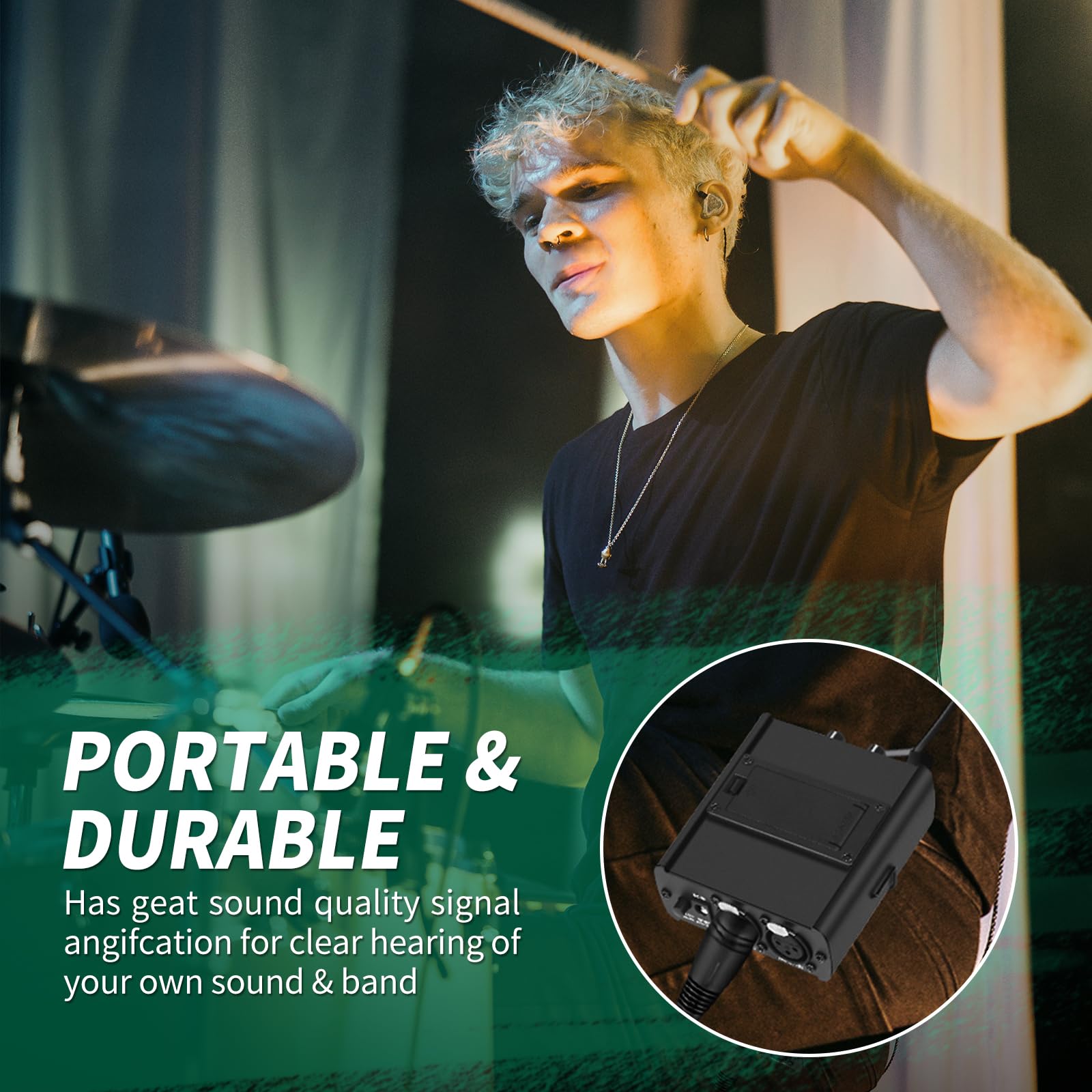 Sistema de monitor intrauditivo personal, amplificador de auriculares ultracompacto con entrada XLR y TRS, mono, mono dual y estéreo
