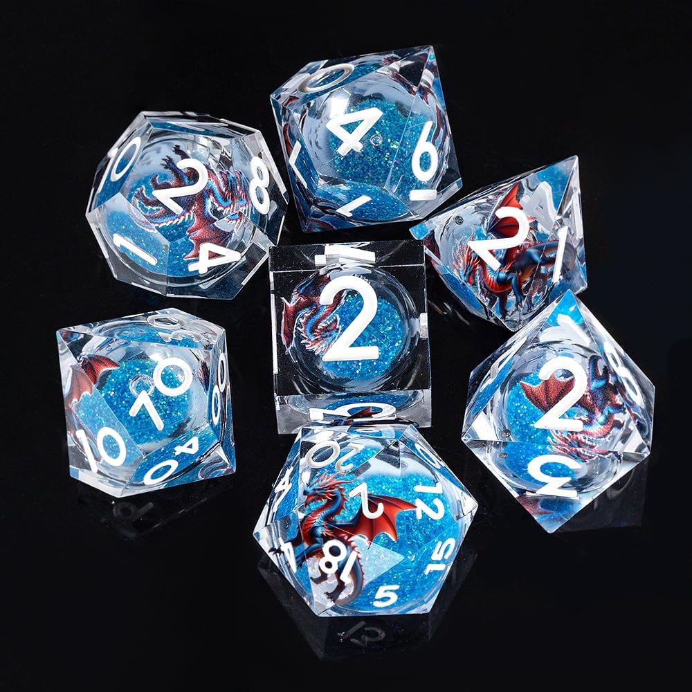 Liquid Core Dragon Pattern DND Dice Set, 7Pcs Sharp Edge D&D Dice for RPG MTG D and D Role Playing Desktop Games Blue White
