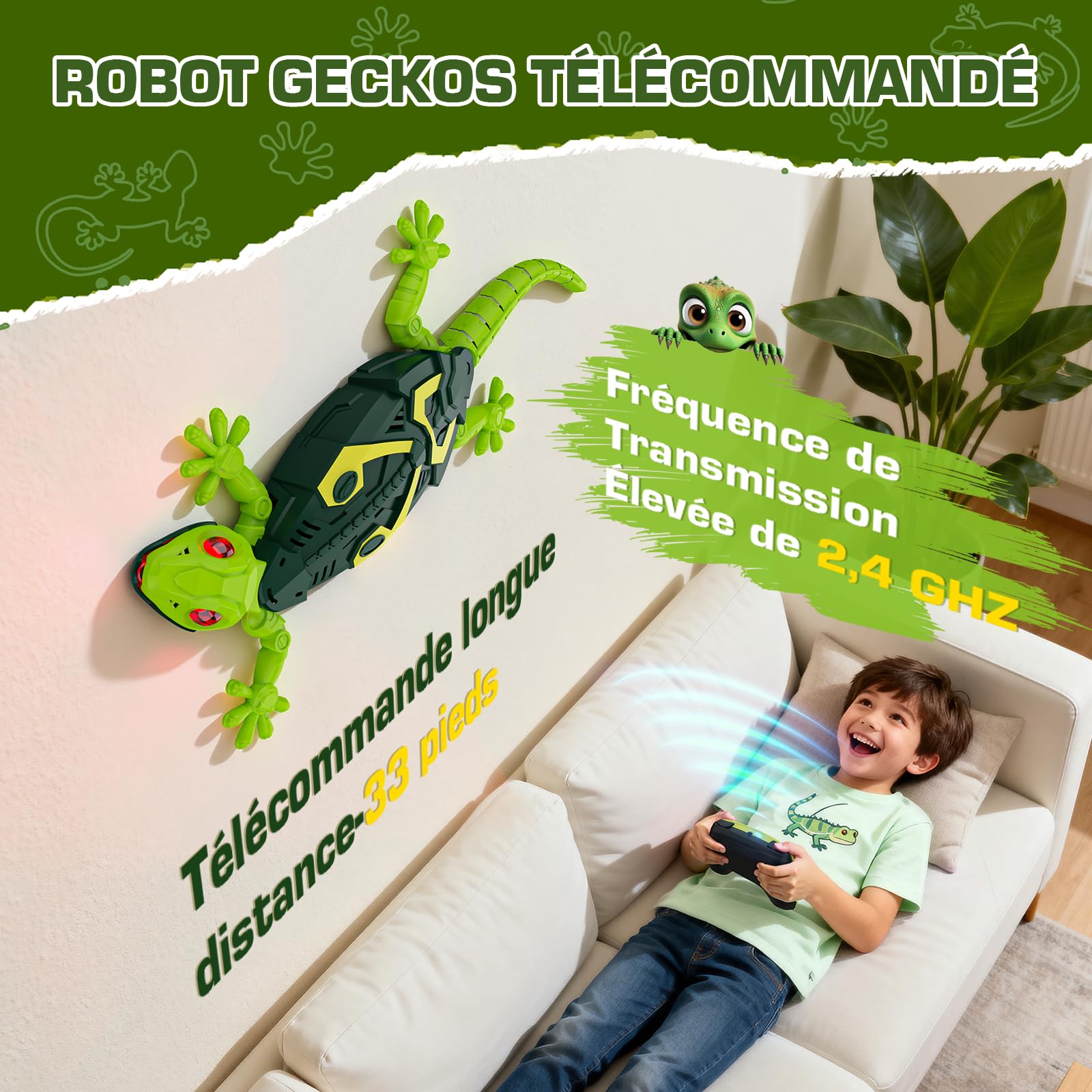 Gecko Radiocommandé Qui Rampe sur Le Sol, Et Les Murs Jouet Lézard Robot Vivant avec Yeux Lumineux,Cadeau Lézard Robot Grimpeur pour Garçons 3 4 5 6 7 8 Ans, Jouet Caméléon de Noël
