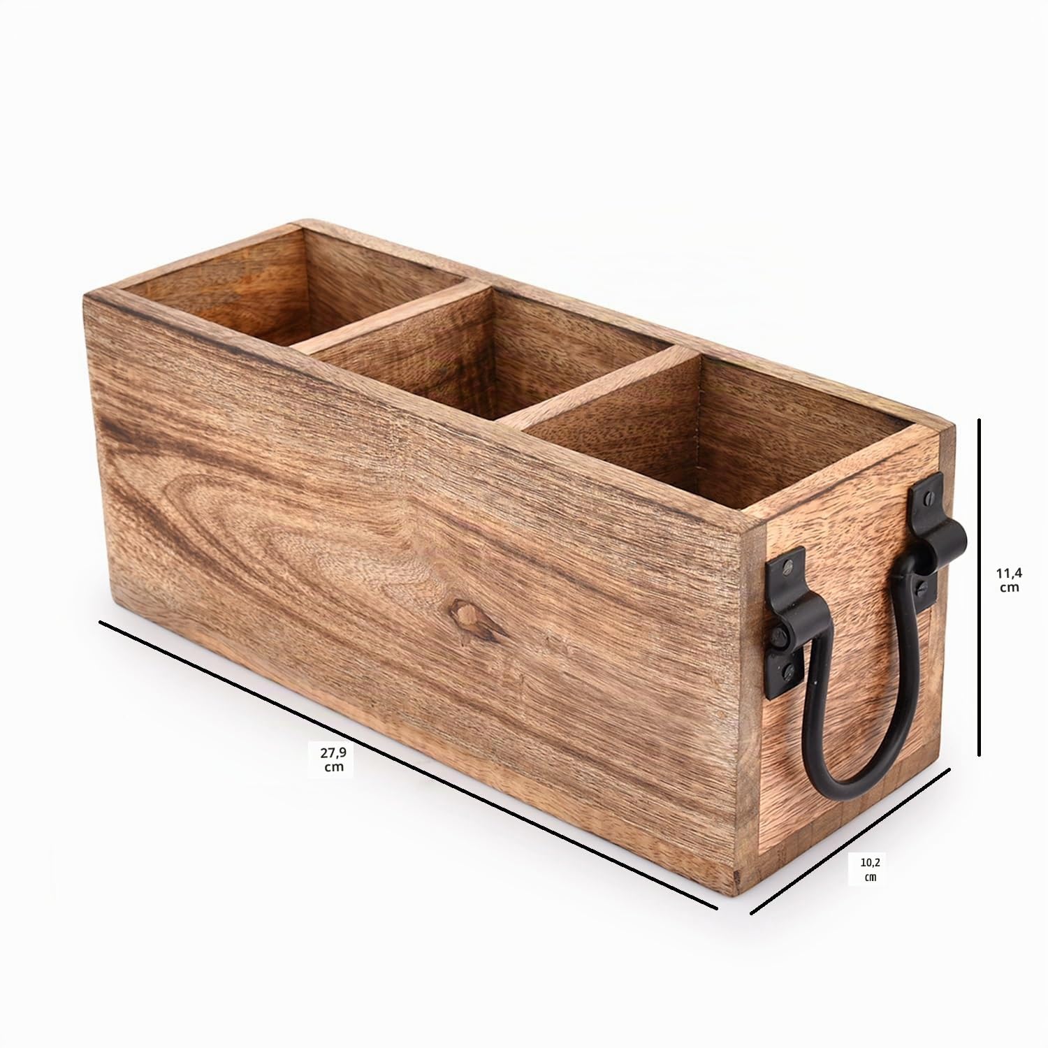 Samhita Portaposate in legno di mango, organizer per utensili da lavoro, per posate, forchette, cucchiai, spatole, 3 scomparti (28 x 10,2 x 11,4 cm)