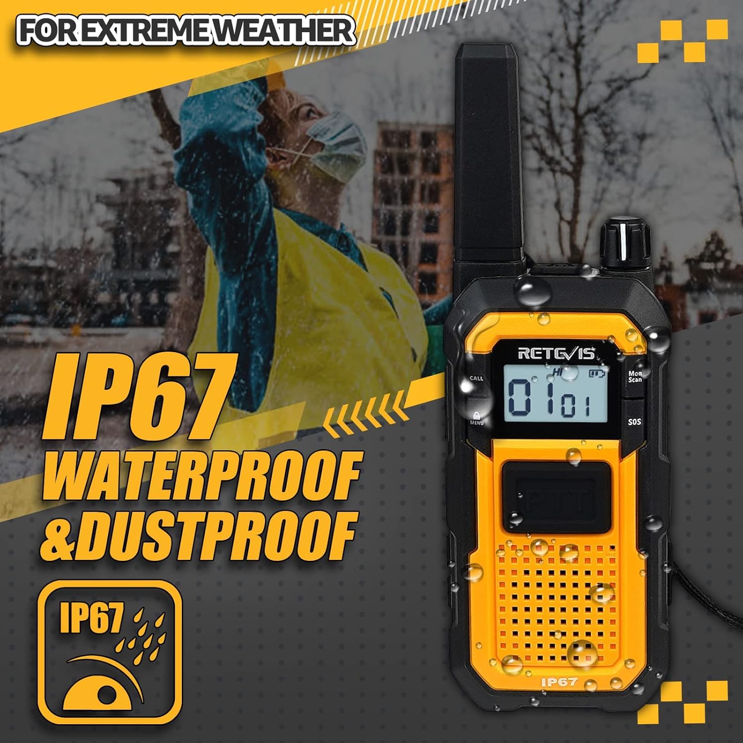 Retevis RB648 Talkie Walkie, Imperméable Radio Bidirectionnelle Longue Portée IP67, Anti-Chute, Anti-poussière, PMR446, Double PTT, 2000mAh, Talkies-Walkies pour Agriculture (2 Pièces, Jaune)
