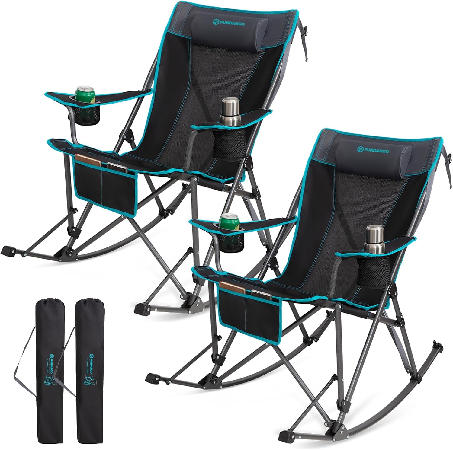 fundango rocking camping chair, 2 pack high mesh back portable folding camp chairs with pillows, cup holder and carry bag for lawn patio garden outdoor supports 300 lbs (black/blue) rockease pro wide pro 2 pack black grey