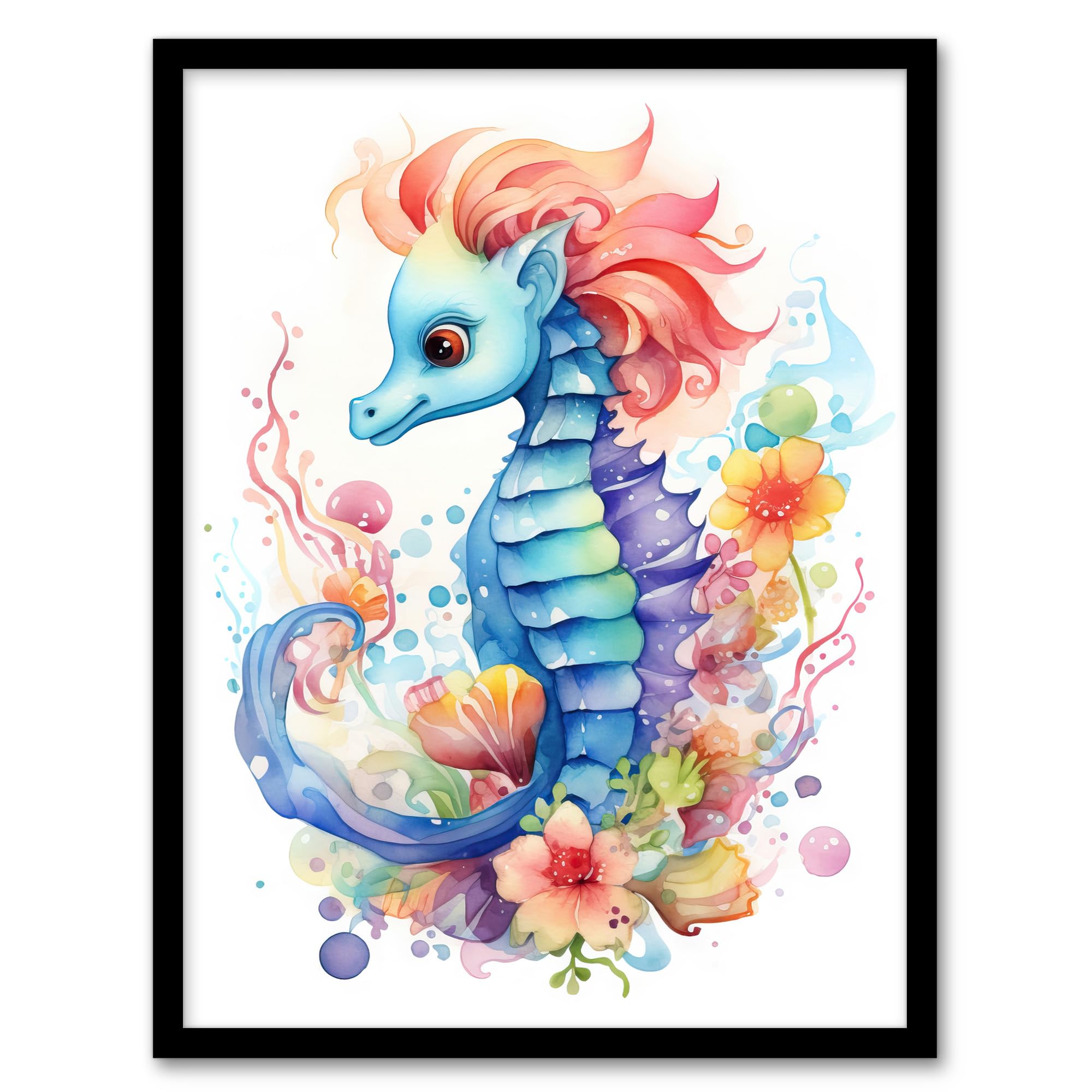 Artery8 Cute Seahorse Watercolour Artwork Fun Kids Bedroom Nursery Artwork Framed Wall Art Print A4