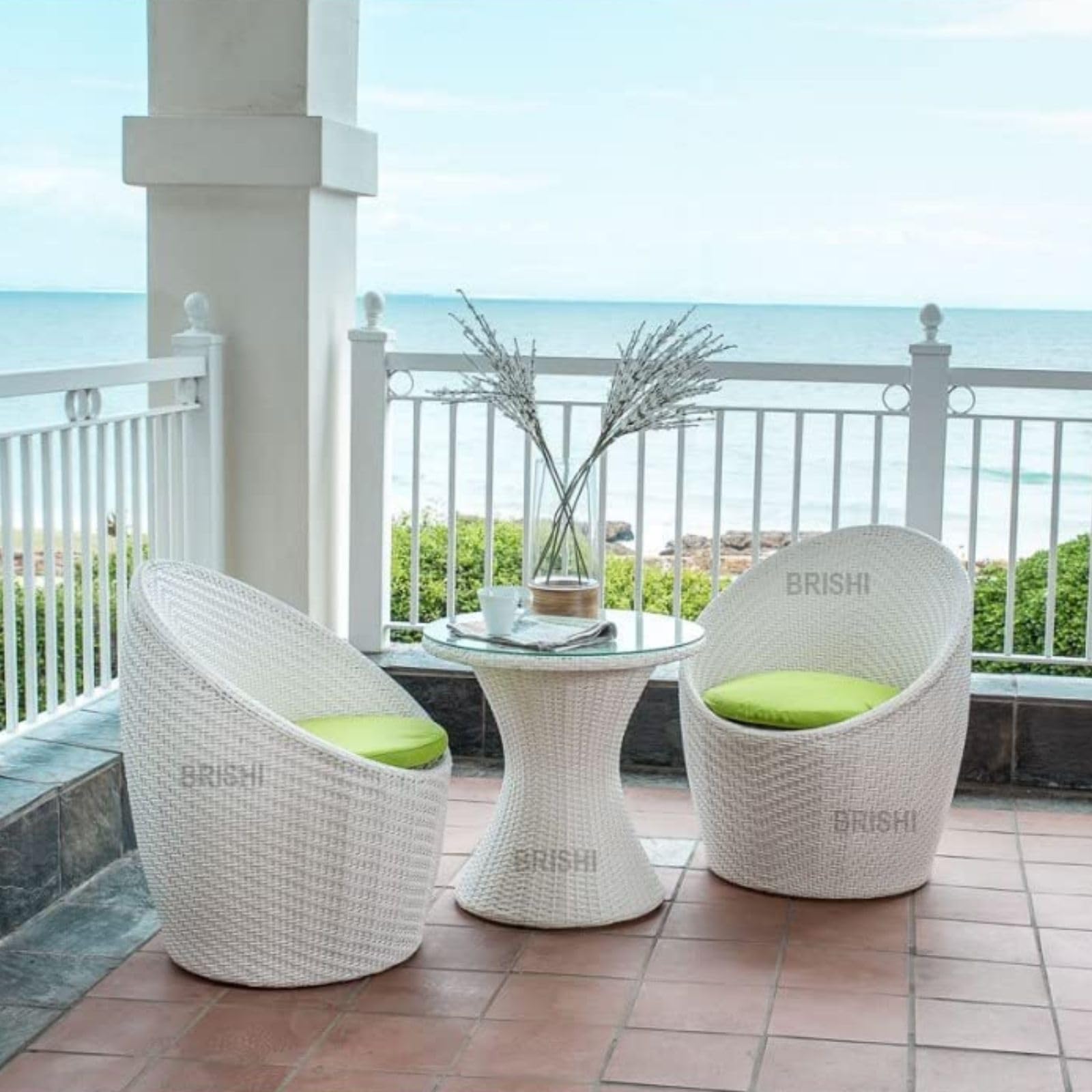 BRISHI Rattan & Wicker Garden Patio Seating Chair and Table Set Outdoor Balcony Garden Coffee Table Set Furniture and 2 Chairs 1 Table Set with Cushion (White and Green), 58 cm, 64 cm