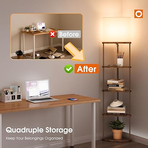 Vista 5 de addlon Lámpara de pie con estantes, lámpara de esquina ajustable de 5 niveles con 3 temperaturas de color y pantalla de lino, modernas lámparas