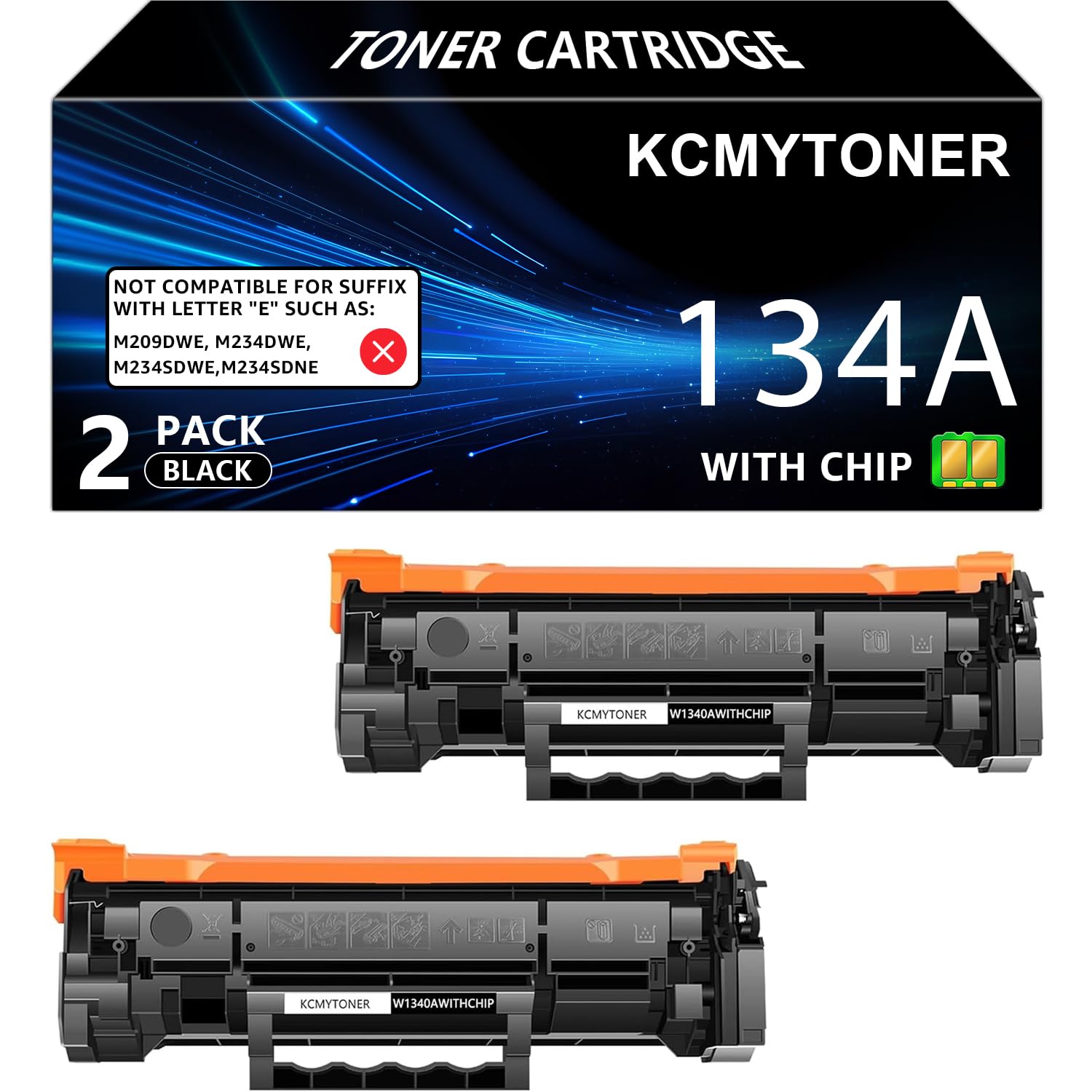 Lot de 2 cartouches d'encre compatibles W1340A avec puce de rechange pour imprimante HP W1340A 134A pour jet laser M209dw M234dw M234sdn M234sdw (2 pièces, avec puce)