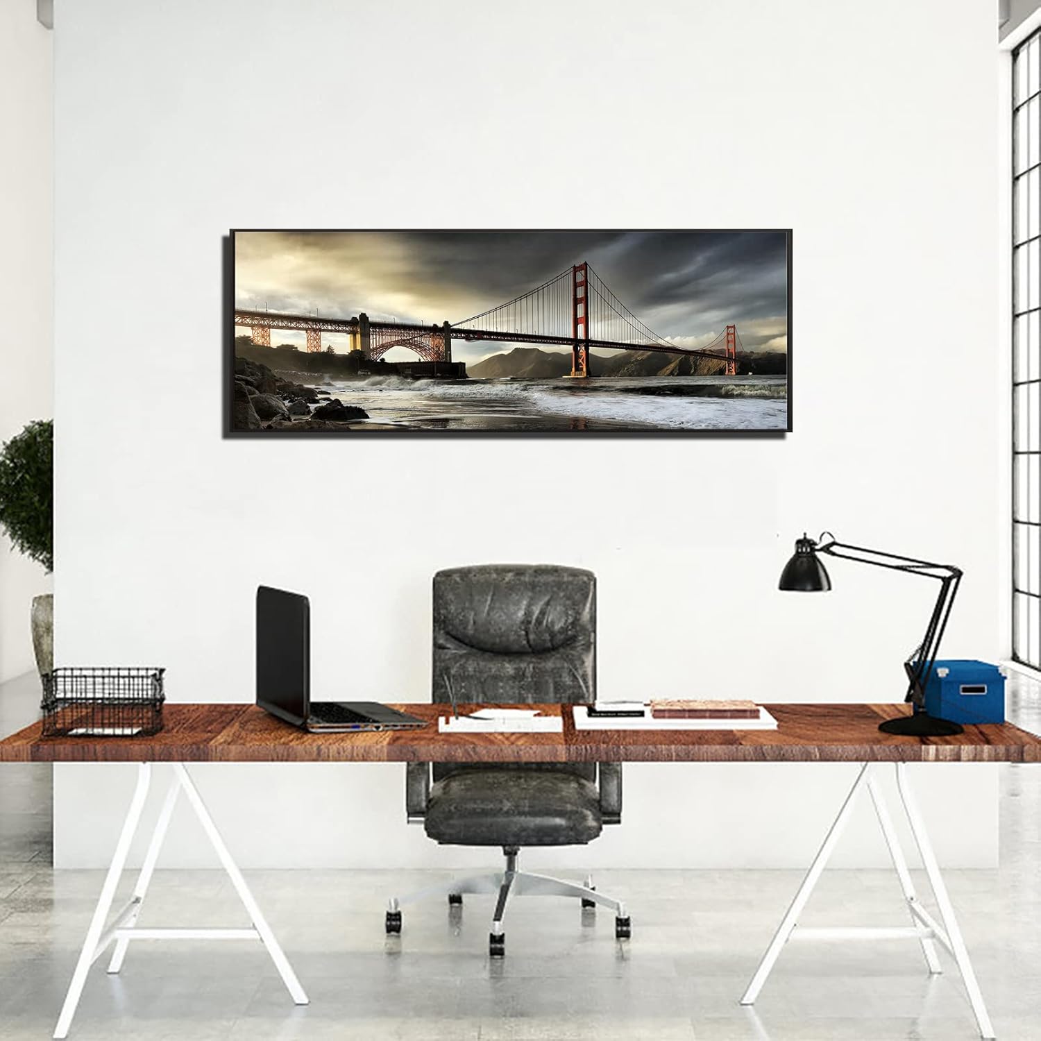 sechars XLarge Golden Gate Bridge Picture Canvas Wall Art Vintage San Francisco Cityscape Photo Artwork with Premium Black Frame Modern Home Living Room Offcice Decor 20"X55"