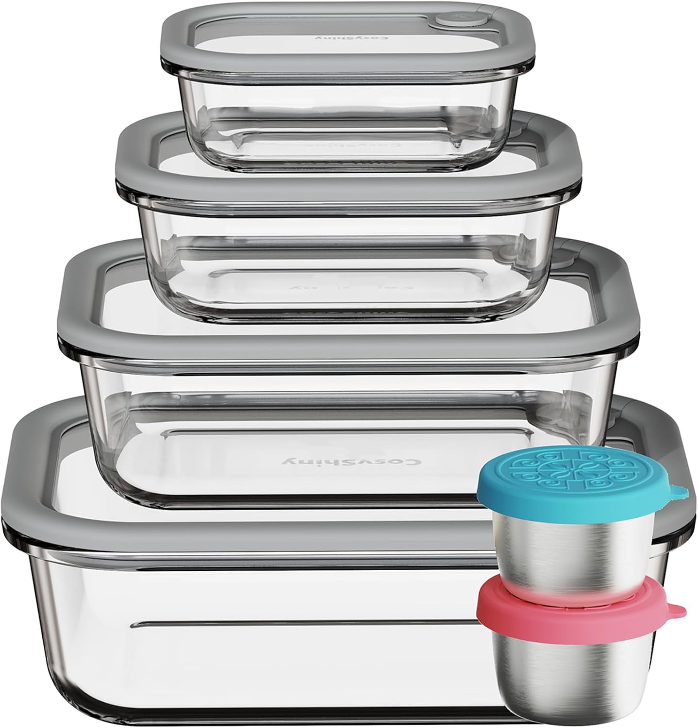Glass Food Storage Containers with Silicone Glass Lids, Stainless Steel Salad Dressing Containers, LeakProof Food Containers Set, 4-pack 12-21-35-50 oz（White）