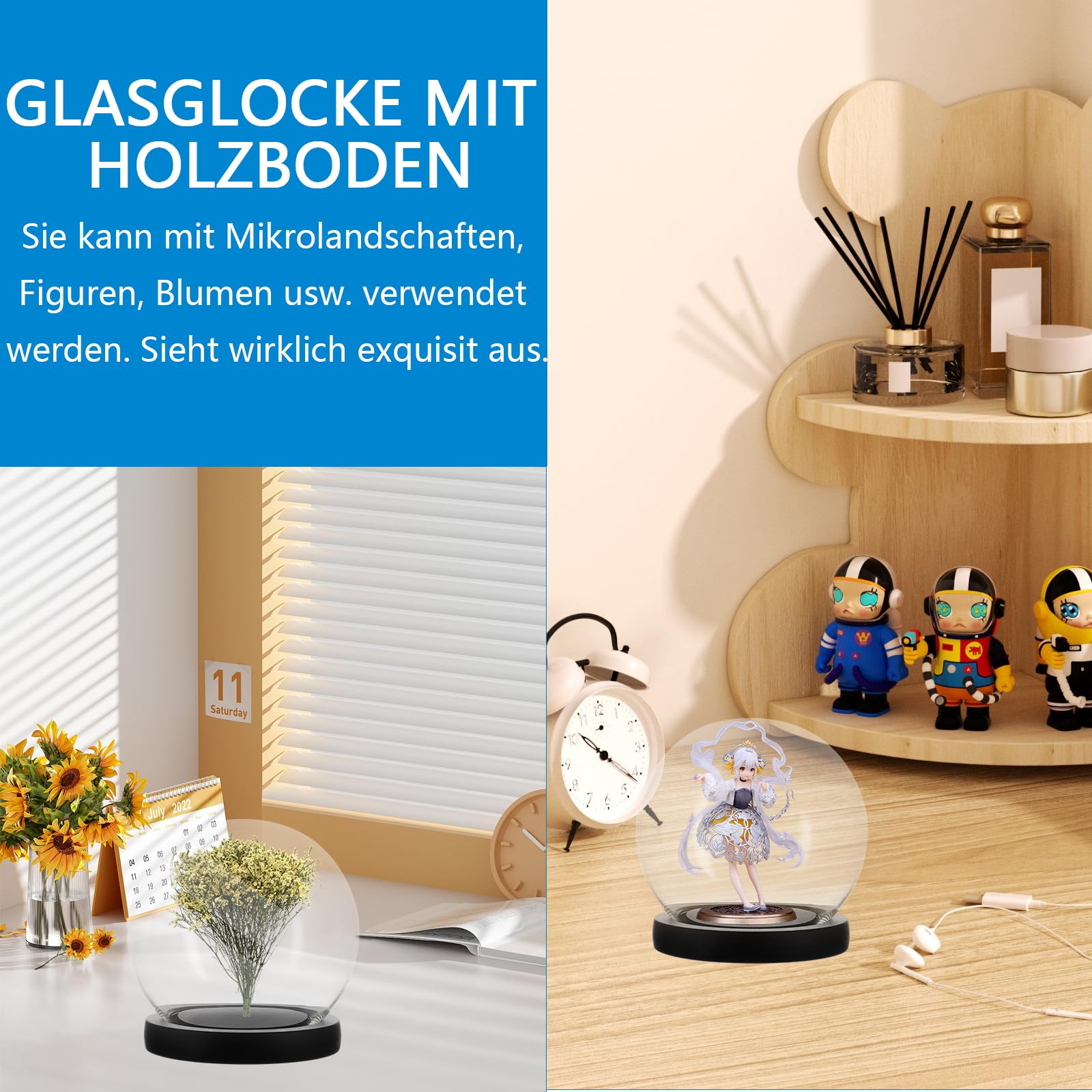 Lot De 2 Cloches En Verre Décoratives 10 Cm Avec Base En Bois - Dôme Transparent Pour Bijoux Et Figurines
