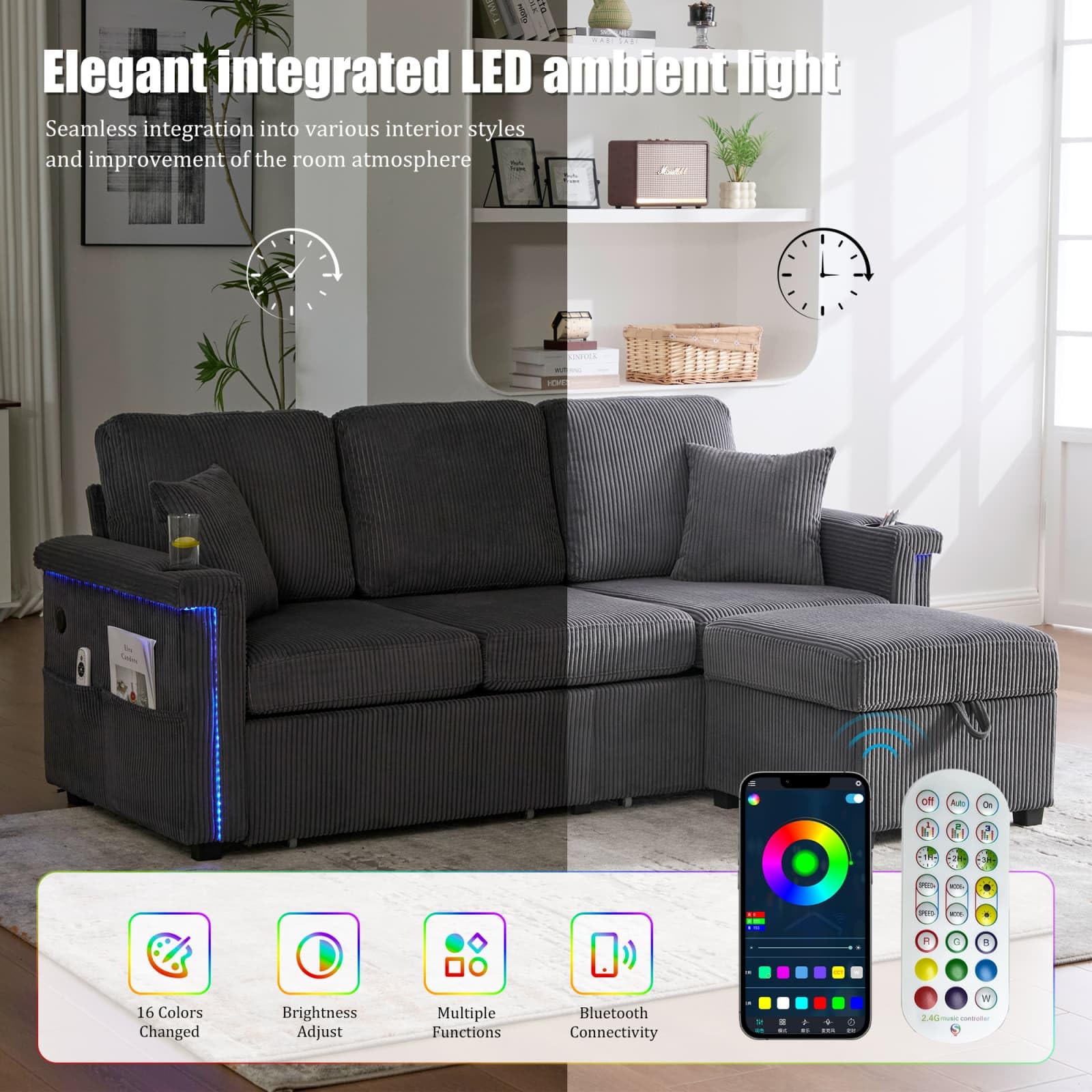 KOMHTOM Canapé 3 Places en L avec 2 Ttiroirs, Tabouret de Rangement, Lampe LED, Port USB/Type-C et Cadre en Bois - Canapé Velours Côtelé Multifonctionnel (Gris foncé, B)