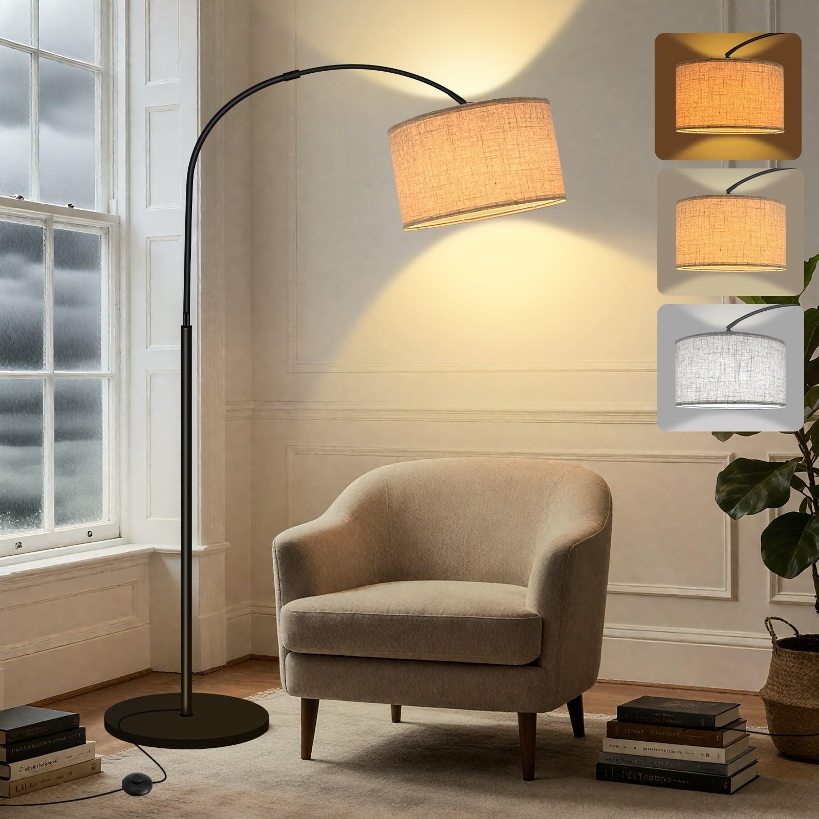 Yicenscoltd Bogenlampe Stehlampe Wohnzimmer– LED Stehlampe Dimmbar mit 3 Farbtemperaturen,12W E27 Glühbirne geliefert, Leinen Lampenschirm, Fußschalter – geeignet für Schlafzimmer, Lesen, Büro usw